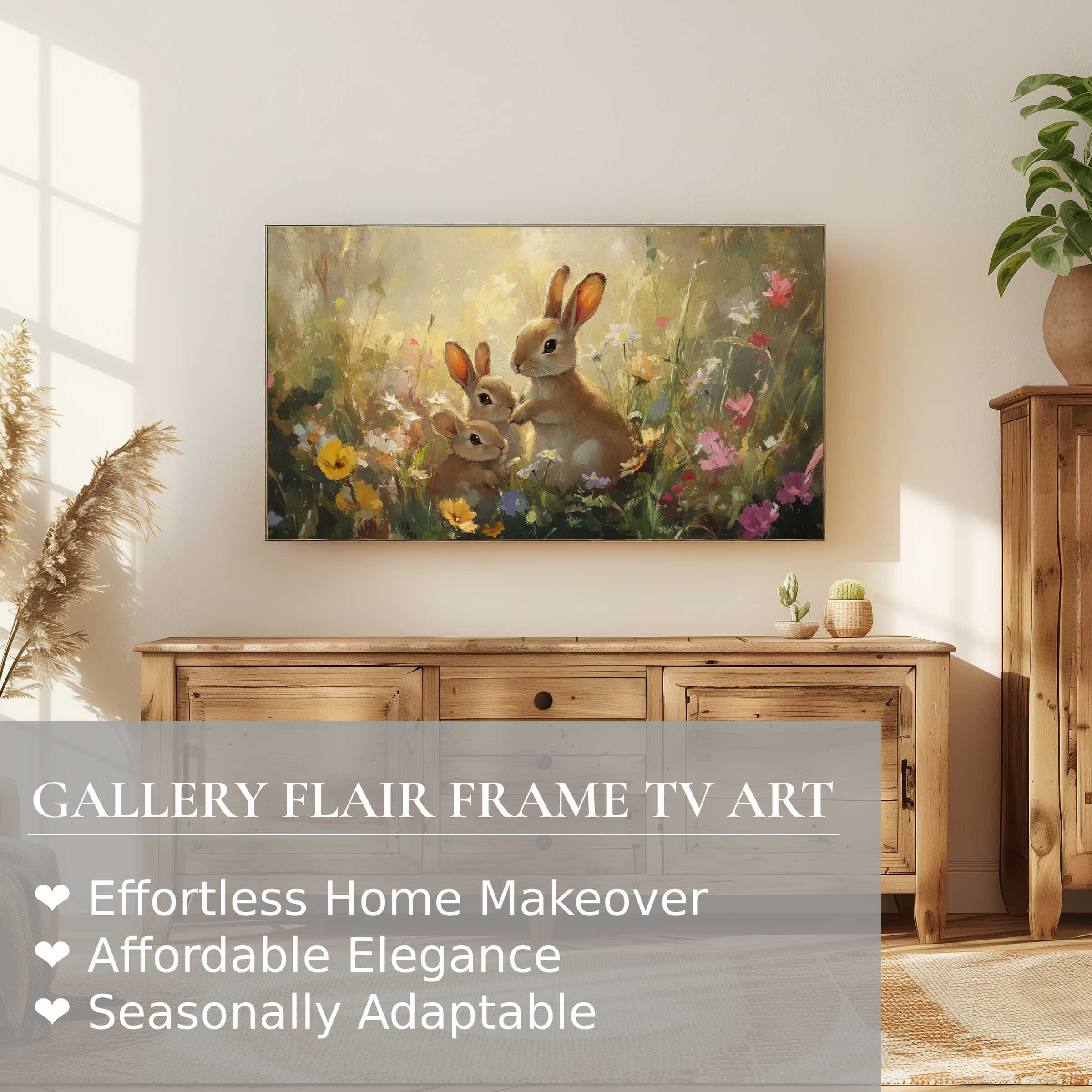 Samsung Frame TV displaying soft easter digital artwork of rabbits in a sunlit, modern rustic living room