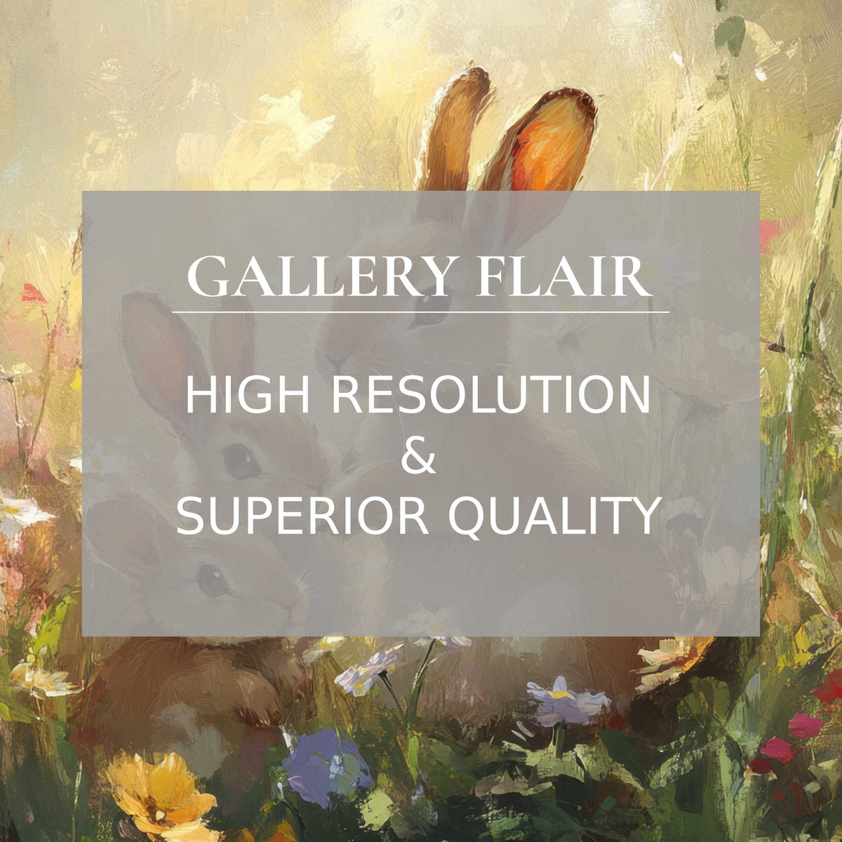 Easter printable art featuring softly rendered rabbits amidst vibrant spring blooms, radiating a calming, refined ambiance with exquisite detail