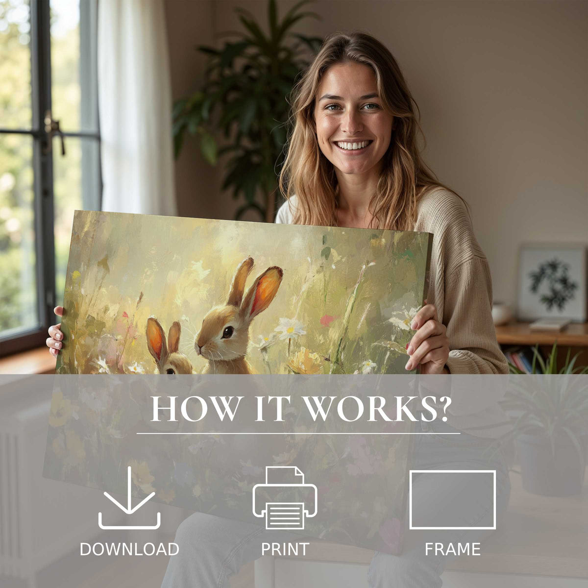 A serene moment captured as a woman embraces an Easter digital art print, evoking joy and effortless elegance in modern living