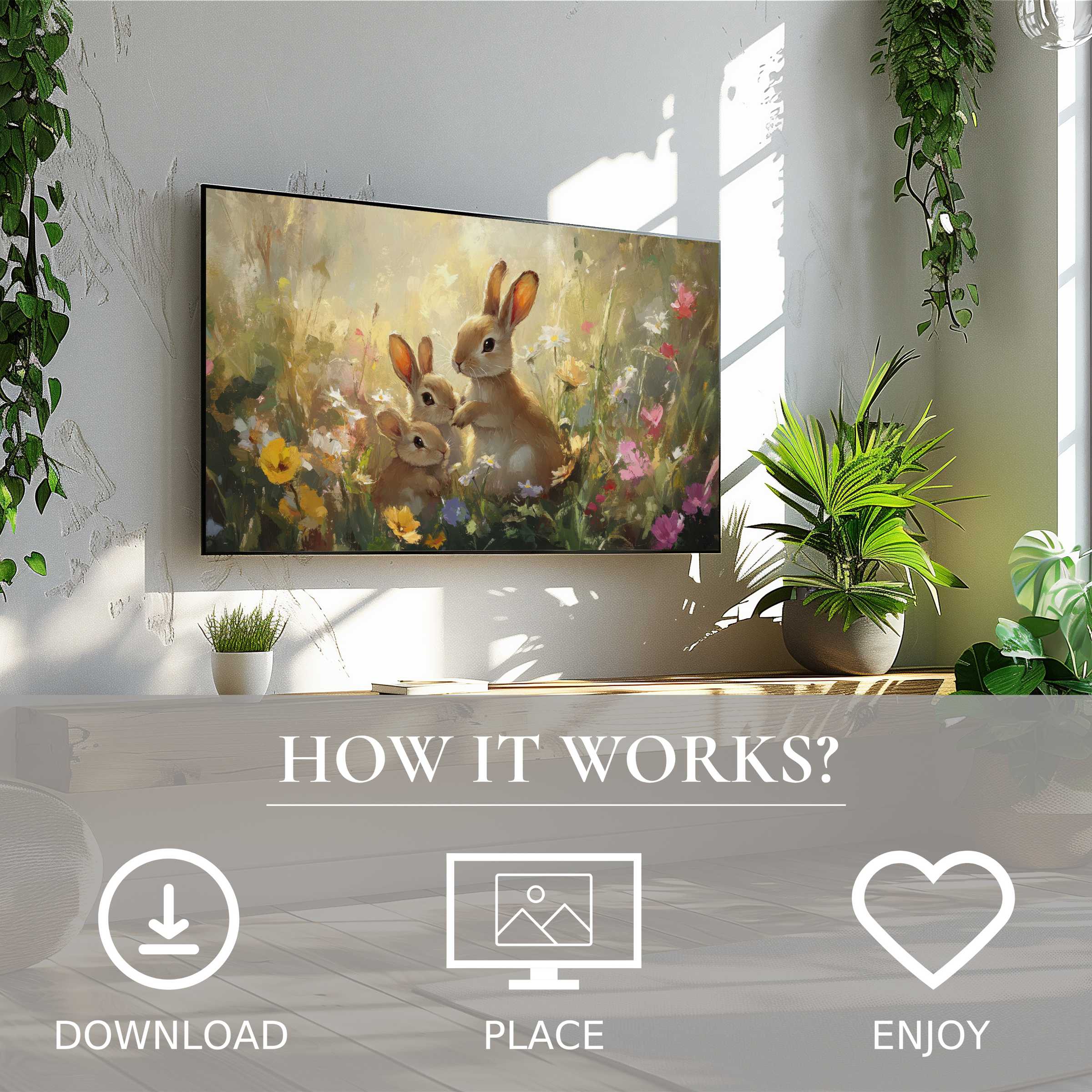 Bright living room with easter art for Samsung TV showing soft floral tones with cute bunnies; easy digital download