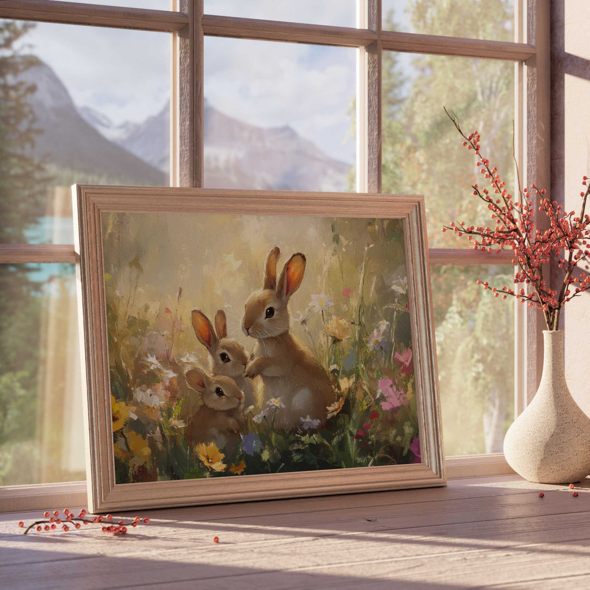 Easter downloadable art of tender bunny trio in soft wildflowers, elevating serene, refined interiors with warm, nature-inspired charm