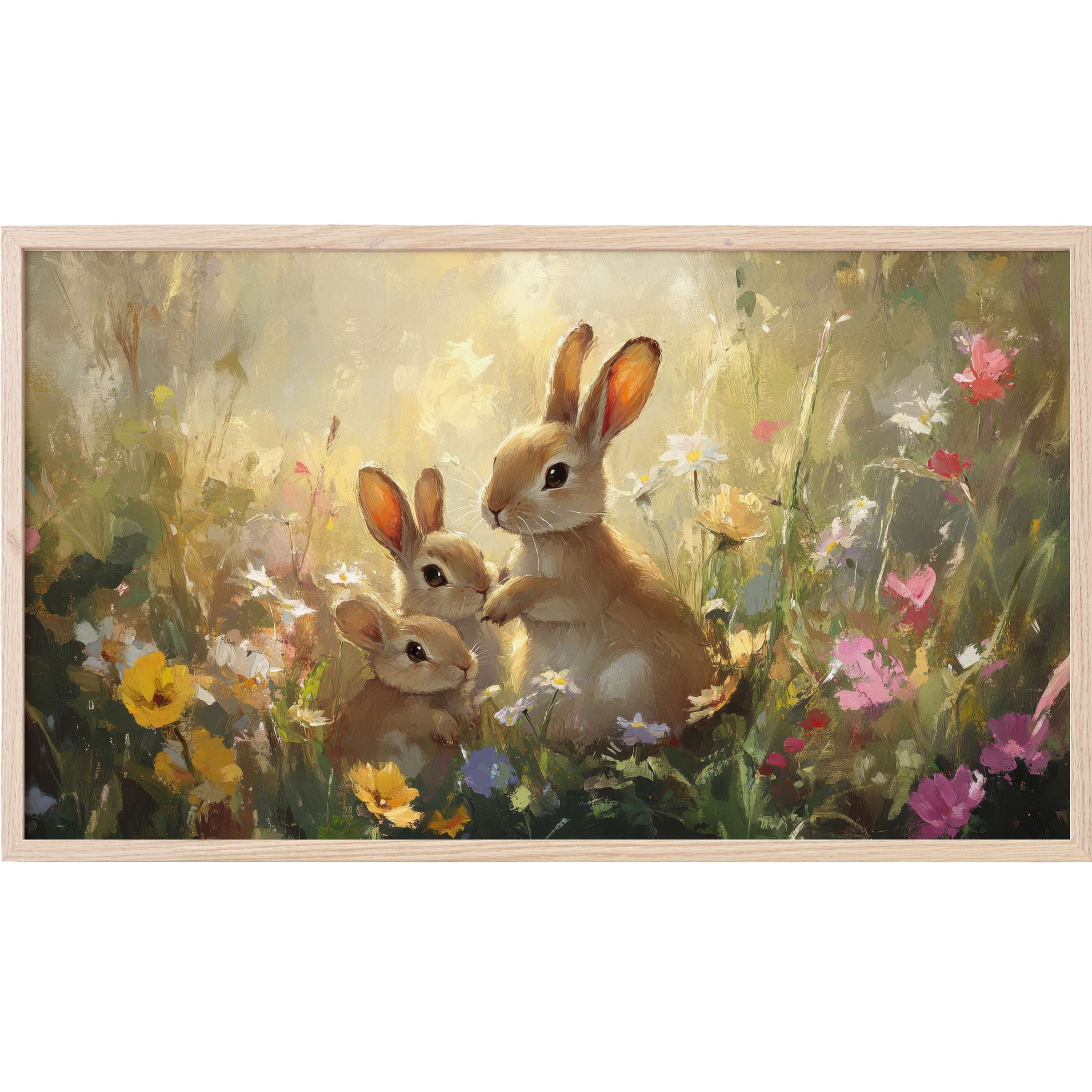 easter Frame TV Art depicting soft brown rabbits in a sunlit meadow with vibrant wildflowers in warm tones