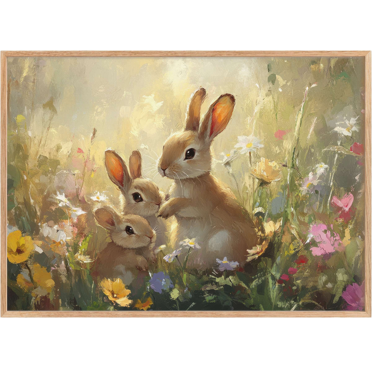 Charming easter printable wall art featuring tender rabbits amid soft wildflowers, radiating warmth and serene springtime grace