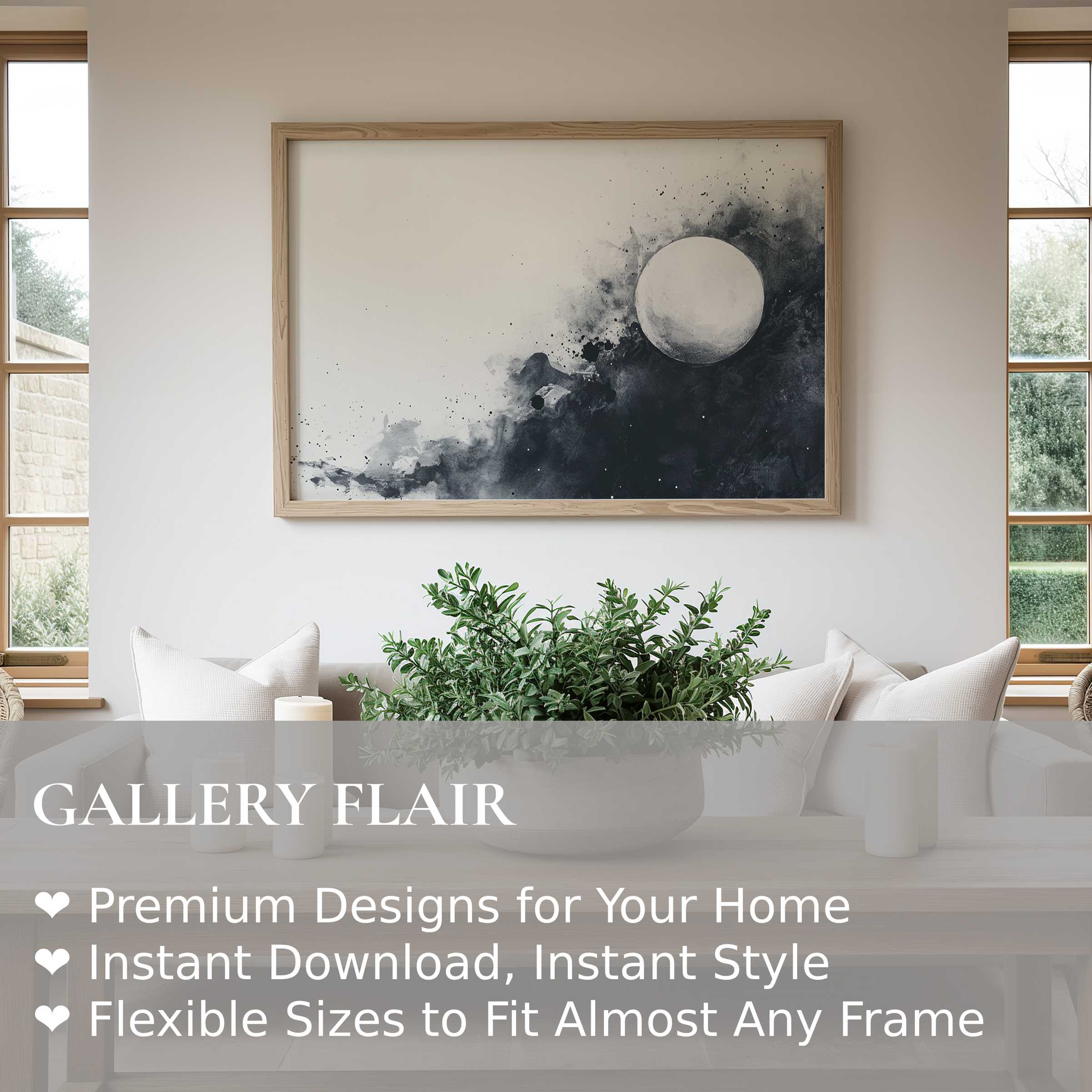 Black and white wall art print featuring a bold, abstract moon design in a serene, modern minimalist living room, enhancing calm elegance