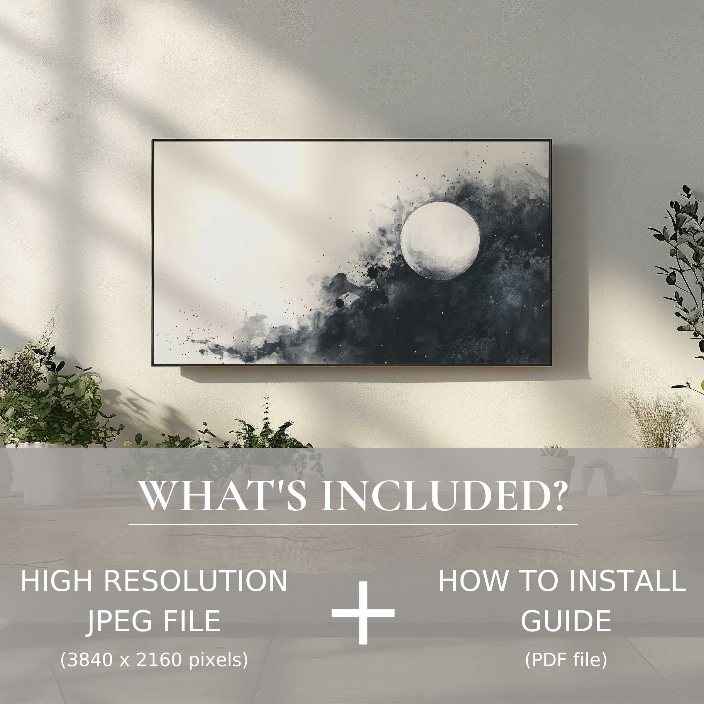 Chic living space enhanced by black and white digital TV art download, easy digital use, modern elegance