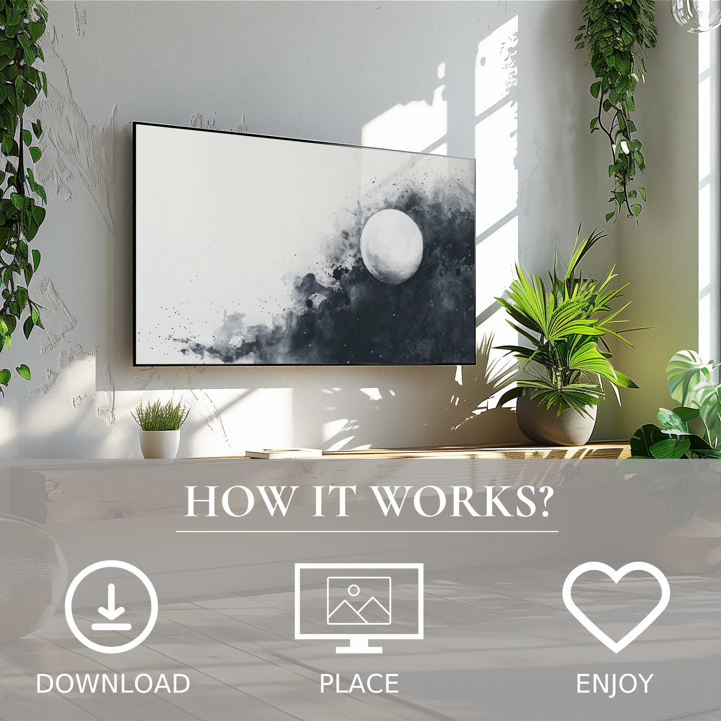 Black and white art for Samsung TV with abstract moon motif; easy digital download enriches modern living spaces