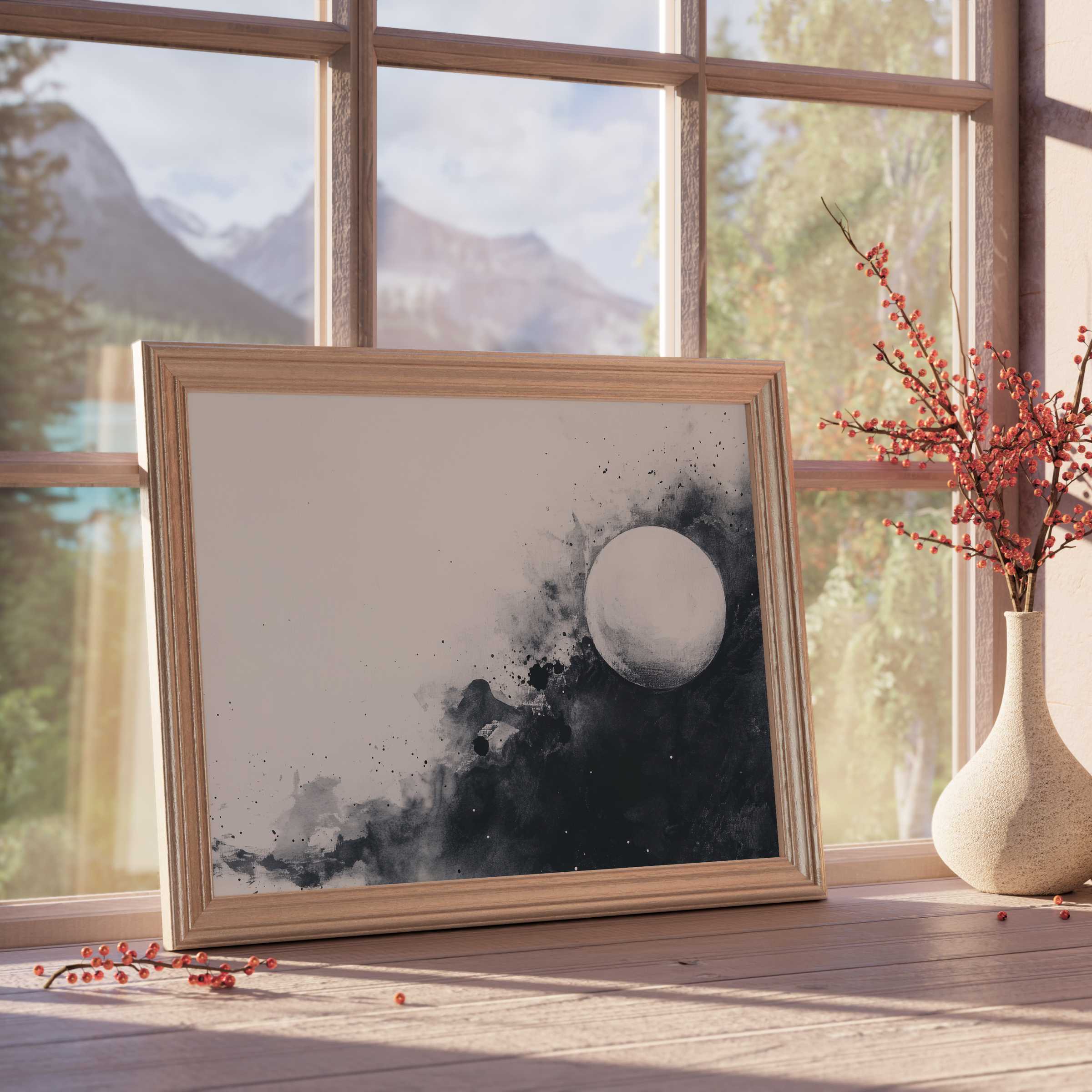 Elegant black and white downloadable art capturing celestial calm, perfect for curated, tranquil, design-forward interiors