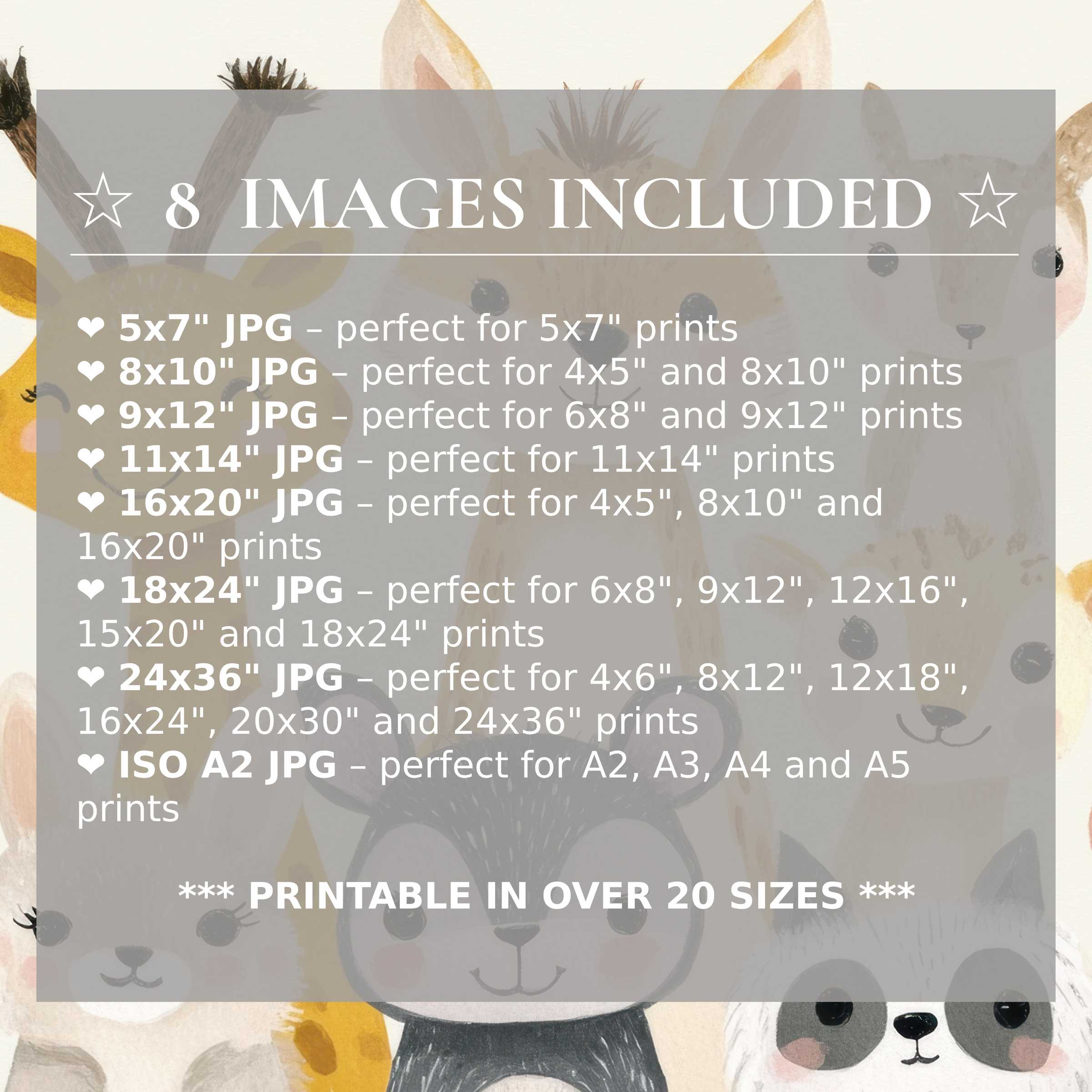 Nursery digital print featuring soft earthy tones and charming animal faces, delivering serene warmth and style in 8 high-quality sizes included