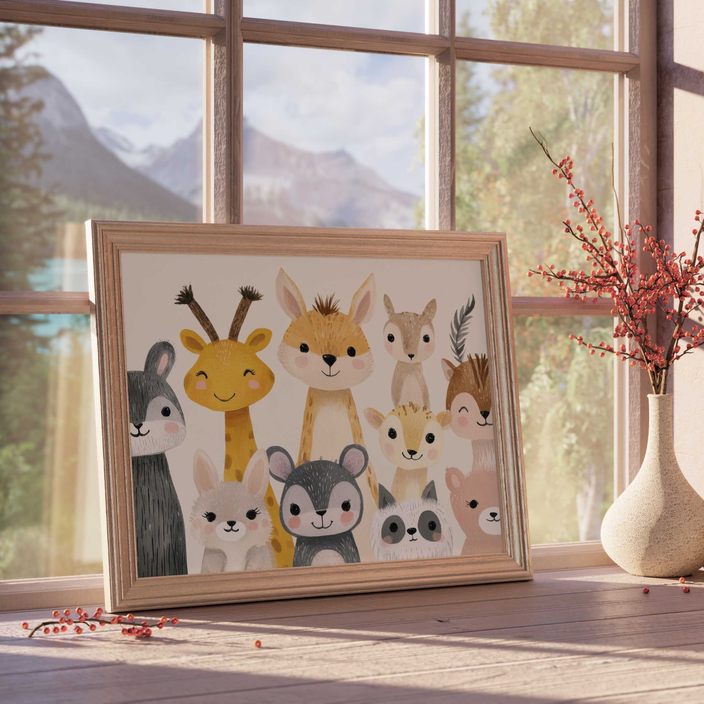 Nursery downloadable art featuring charming woodland friends, evoking warm, calm vibes for stylish children's rooms