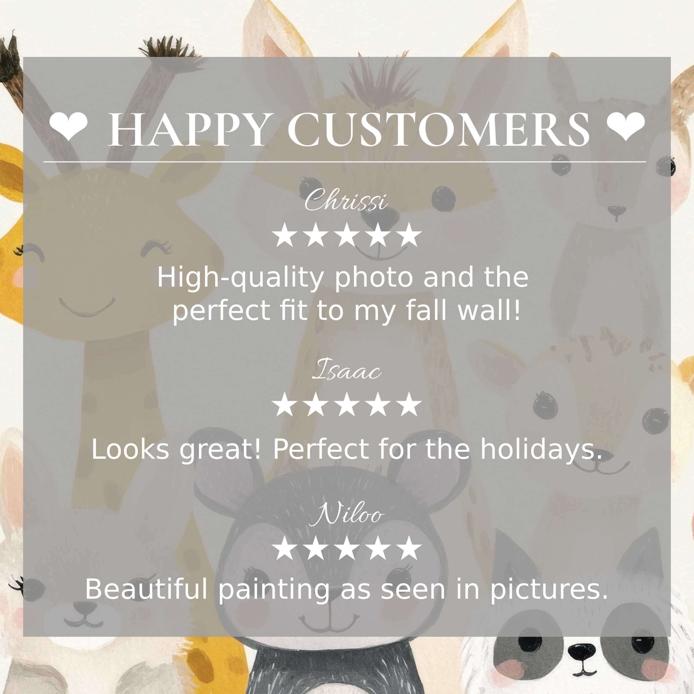 Nursery art for Frame TV with soft animal watercolor backdrop, showcasing happy customer reviews and refined elegance