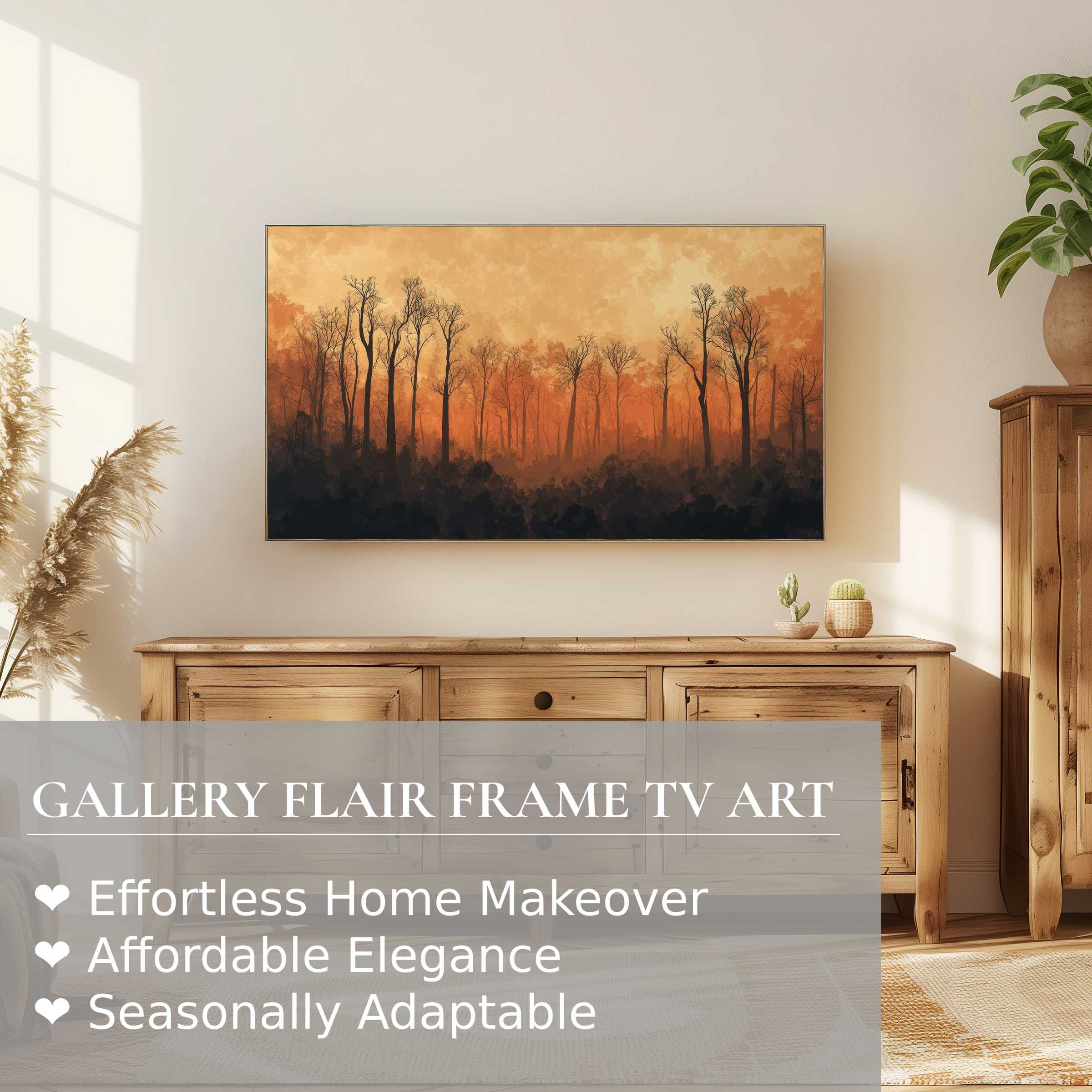 Samsung Frame TV displaying warm-toned tree digital artwork in a modern, elegant living room setting