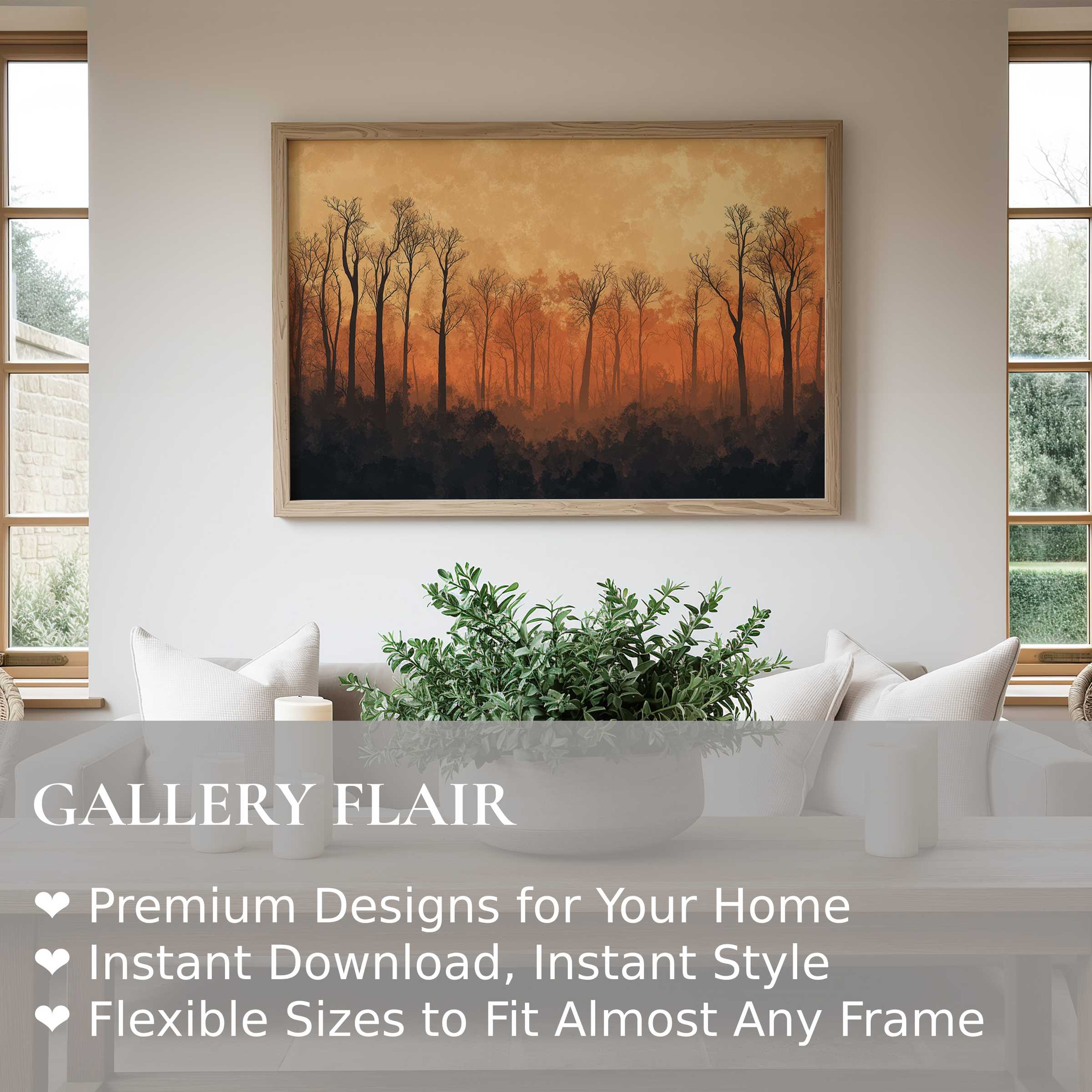 Radiant tree wall art print with warm amber hues, creating a calming focal point in a modern minimalist living room