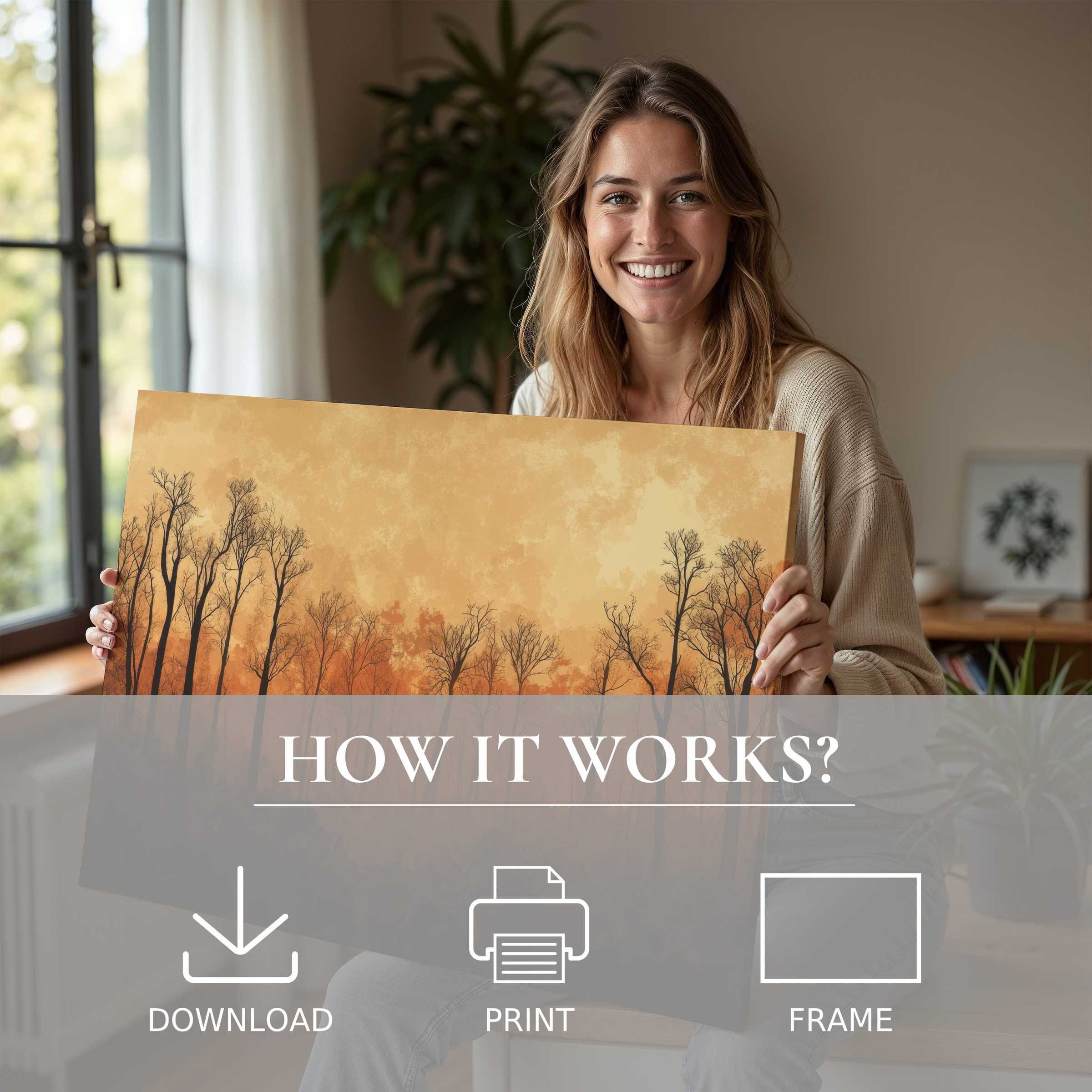 A radiant moment of joy in a modern home, where a serene tree digital art print unveils nature’s calm, inviting effortless elegance