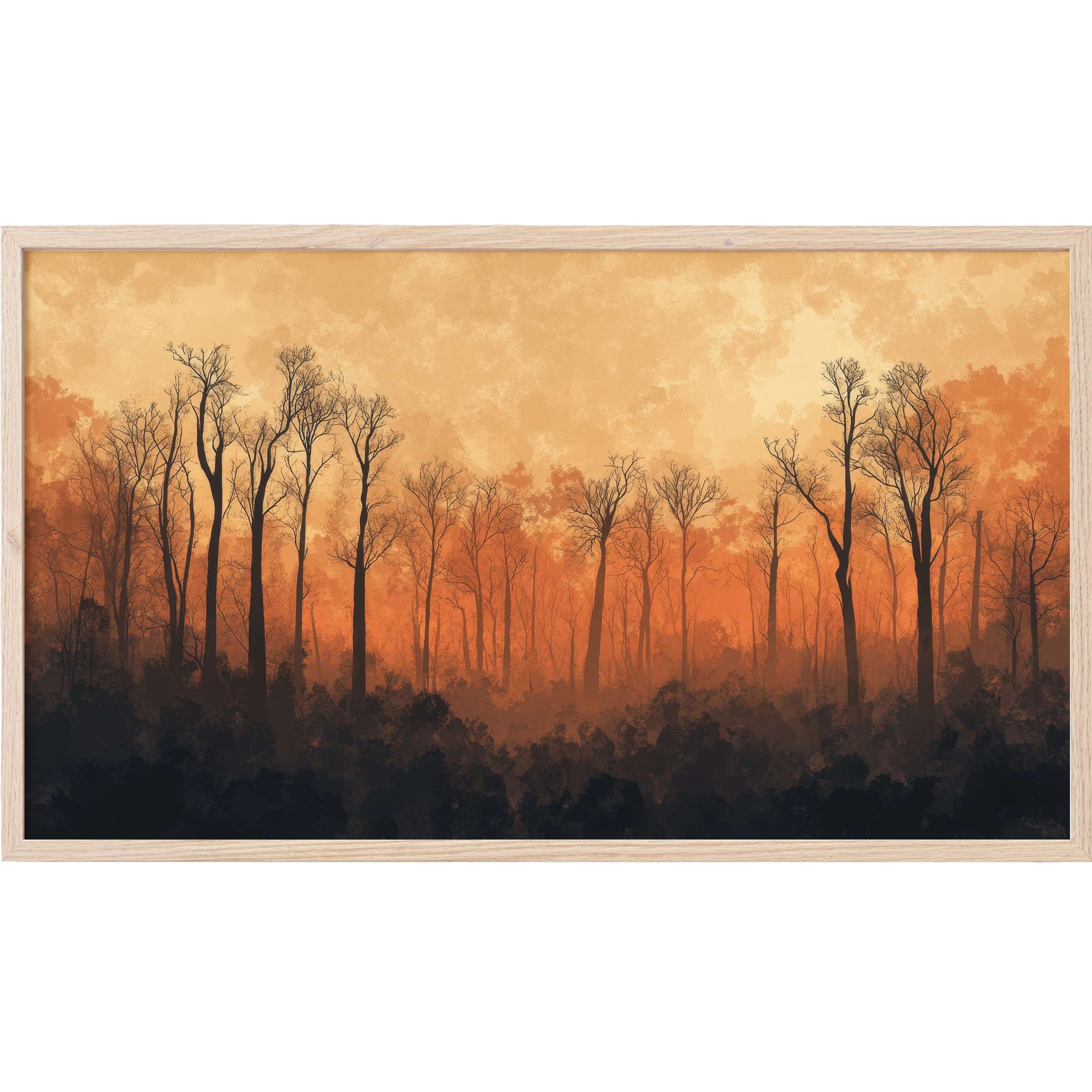 Elegant tree Frame TV Art with silhouetted bare trees against a warm, textured orange and beige gradient background
