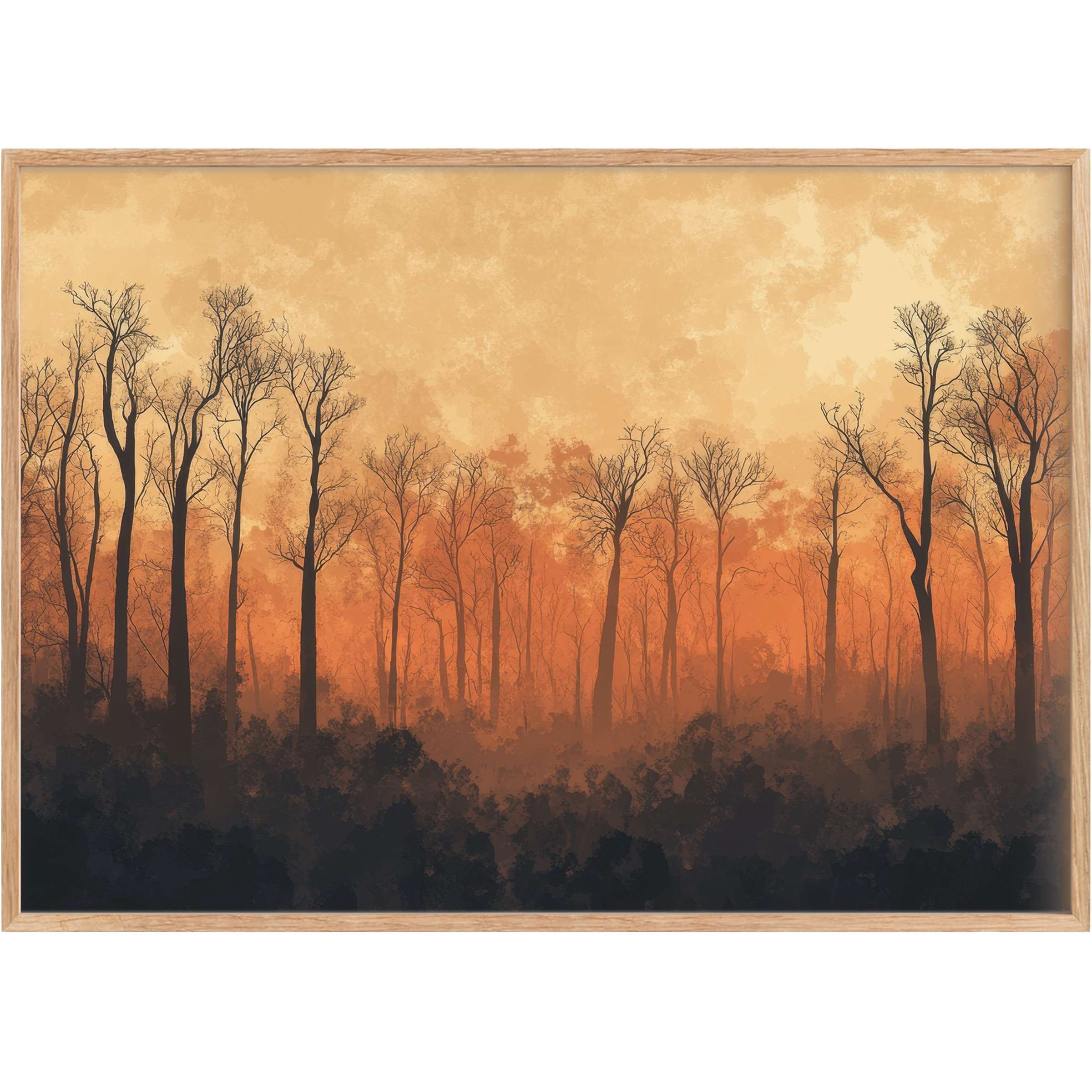 Elegant tree printable wall art in warm burnt orange and deep black tones, evoking a serene, twilight forest ambiance
