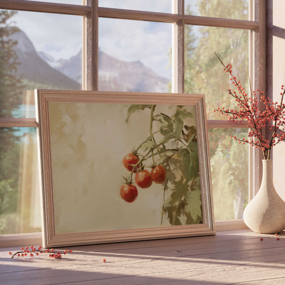 Botanical downloadable art depicting ripe cherry tomatoes framed in natural wood, evoking warm, tranquil elegance for refined interiors