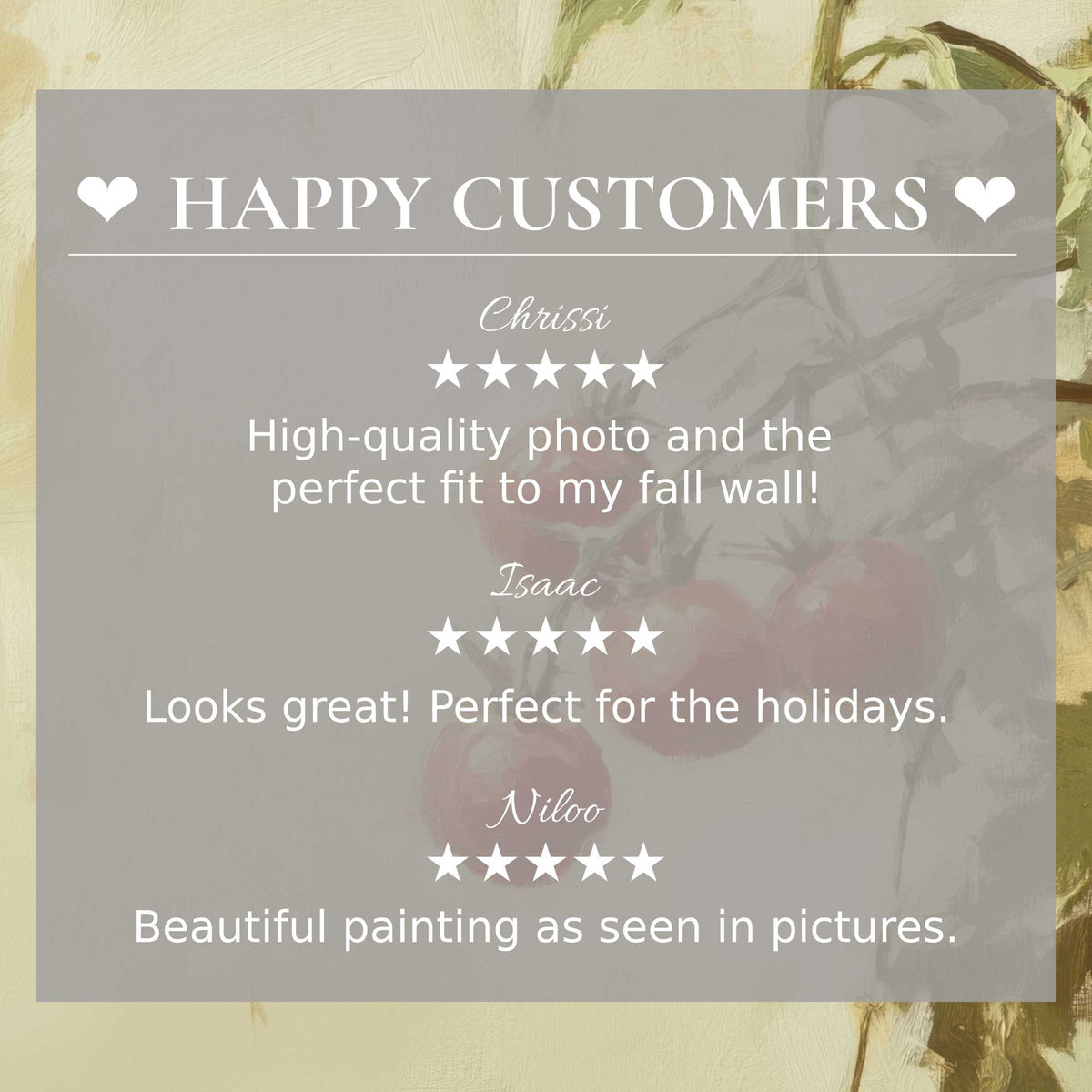 Trustworthy layout with glowing reviews, botanical art for Frame TV on subtle beige background; happy customer feedback shines