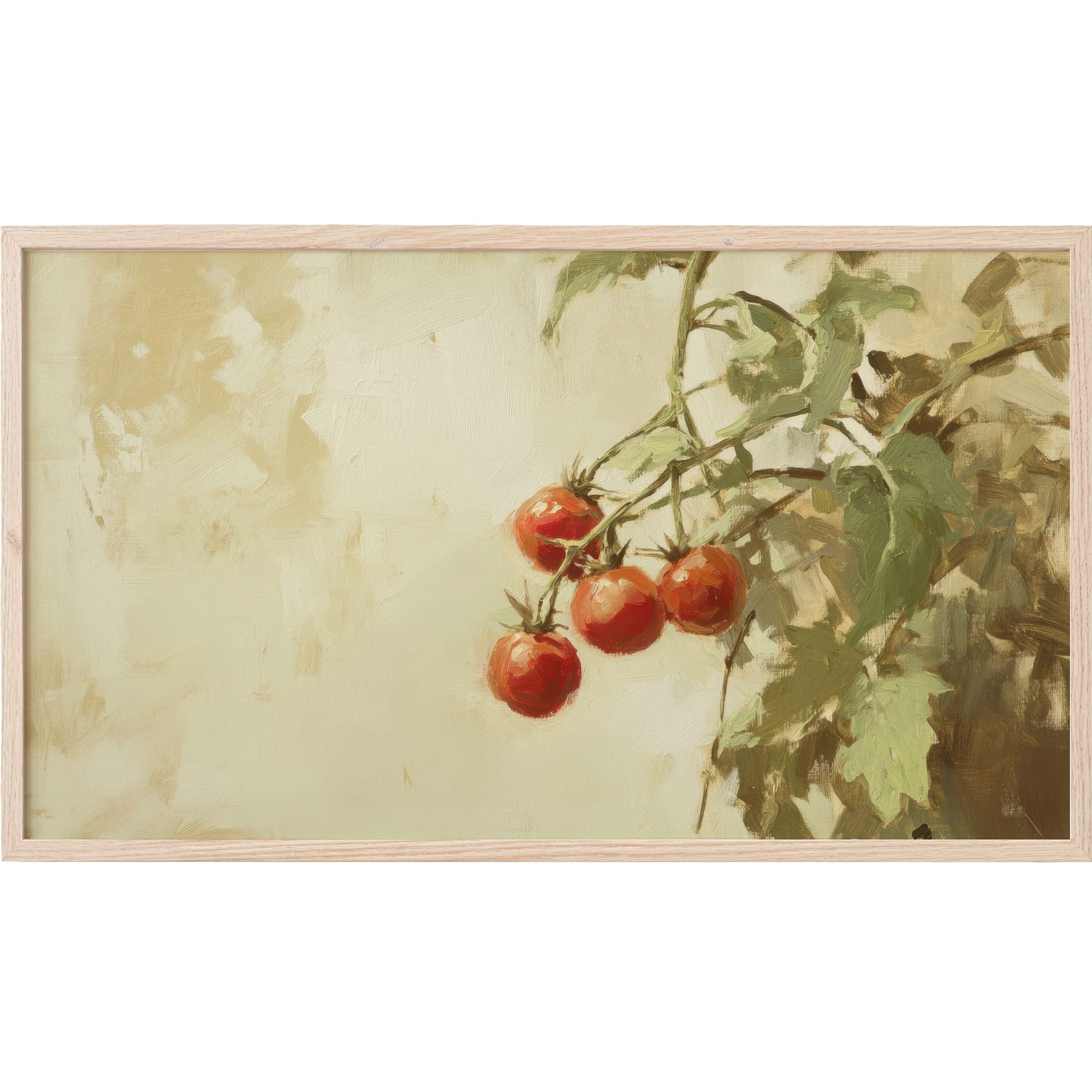 Elegant botanical Frame TV Art featuring ripe red tomatoes and lush green leaves in soft, muted painterly tones