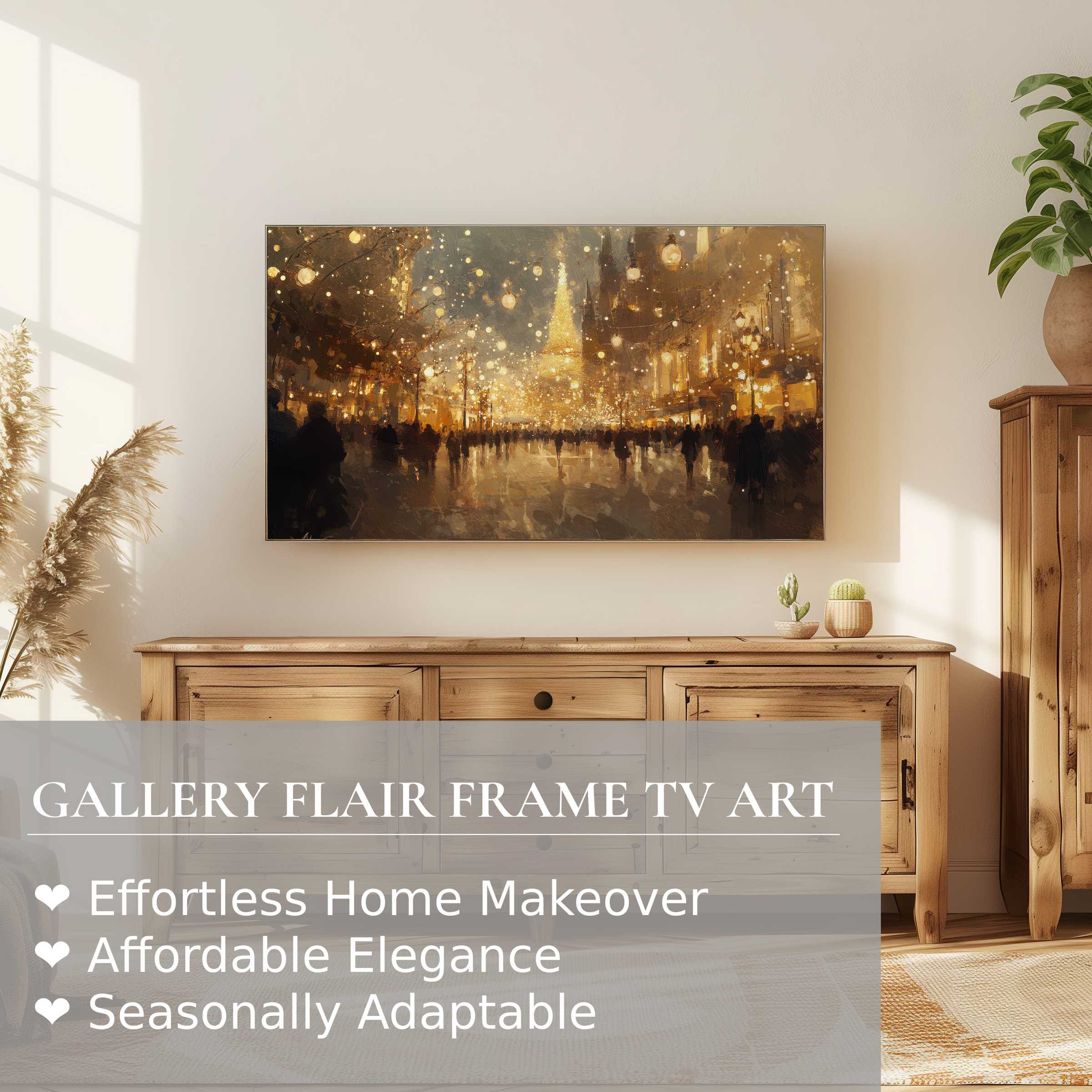 Samsung Frame TV displaying warm, glowing urban digital artwork in a serene, modern natural wood interior setting