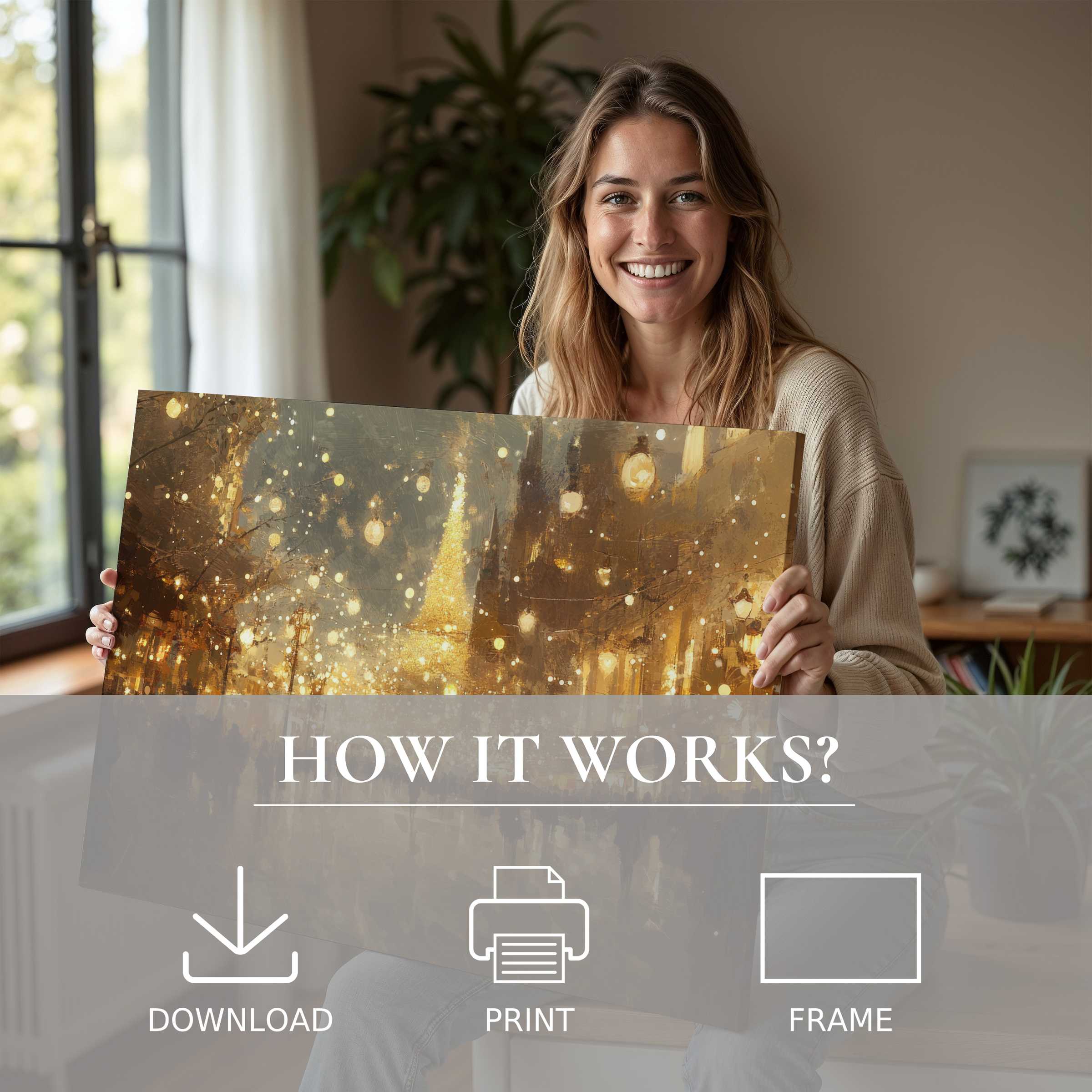 Woman radiates warmth and joy in her modern home, embracing an urban digital art print that transforms her space with golden, luminous serenity