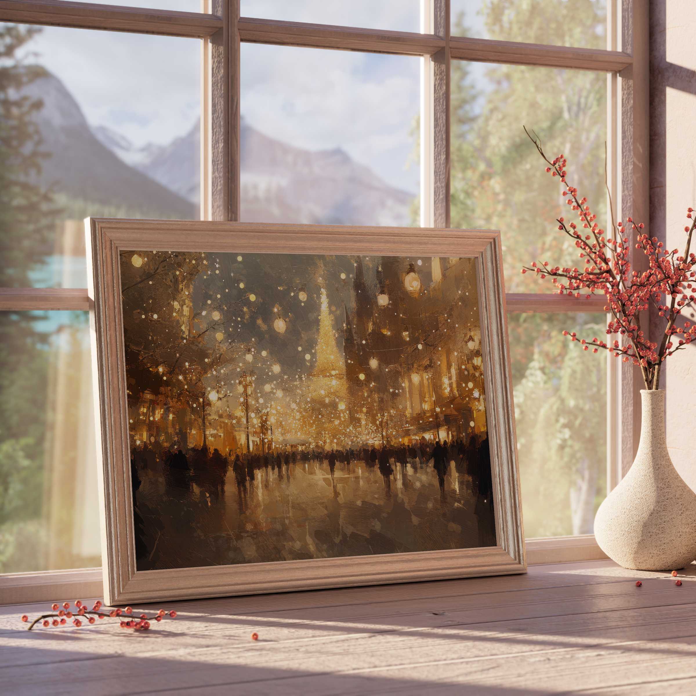 Urban downloadable art capturing a luminous cityscape aglow with festive lights, perfect for elevating serene, sophisticated interiors