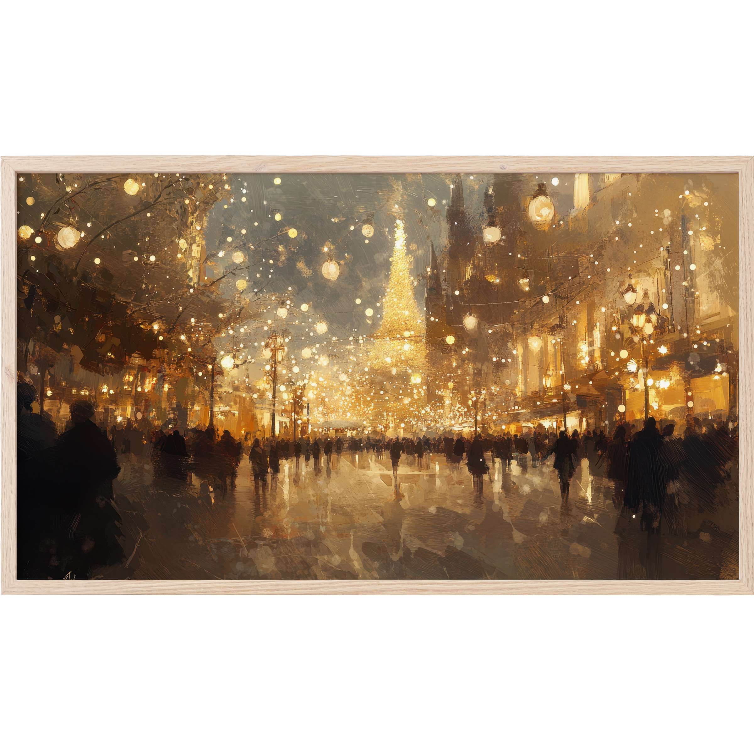 Urban night scene with glowing lights and silhouettes, warm golds and greys in elegant urban Frame TV Art style