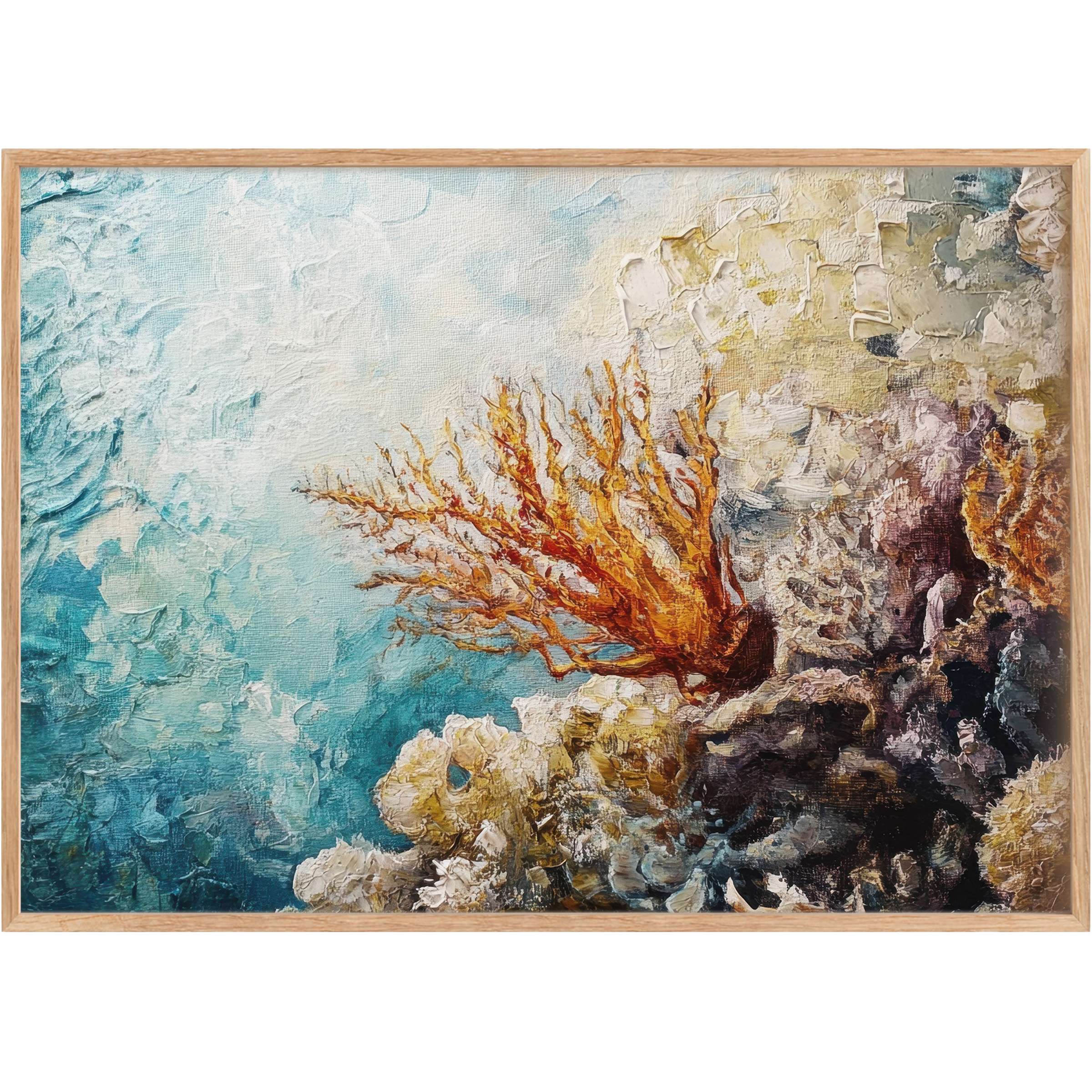 Coastal printable wall art featuring vibrant ochre coral against serene aqua and cream, evoking a tranquil, sunlit oceanic escape
