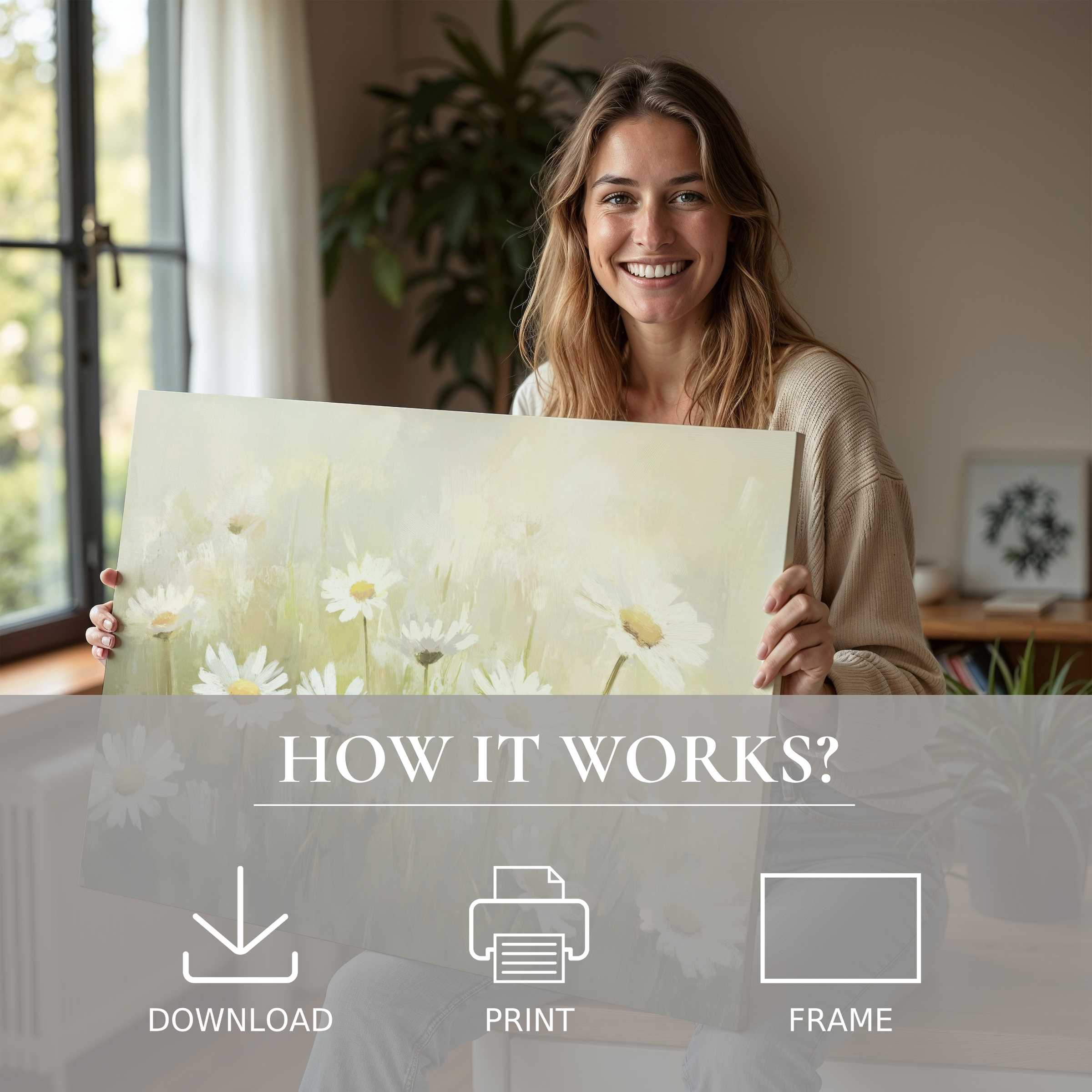 A radiant moment of connection as a woman reveals a spring digital art print, embodying joy and effortless elegance in a modern home