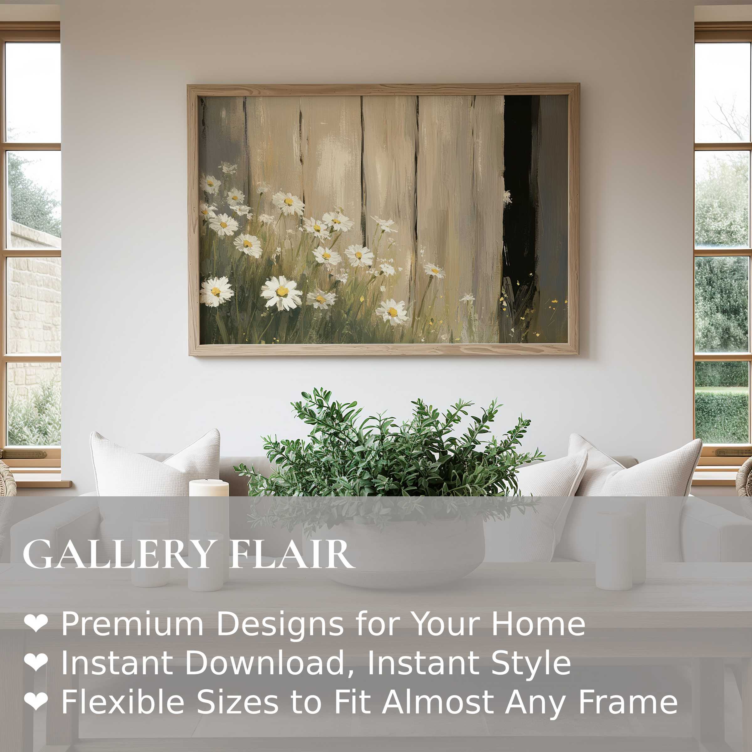 Farmhouse wall art print with serene daisies against rustic wood, adding soft, calming charm to modern farmhouse interiors