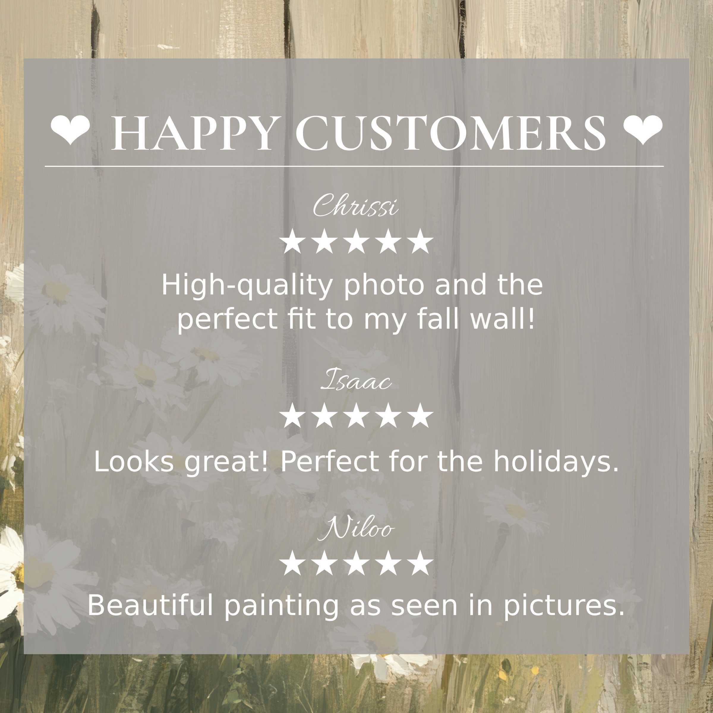 Farmhouse art for Frame TV with abstract floral background, showcasing happy customer reviews and elegant trust-building design
