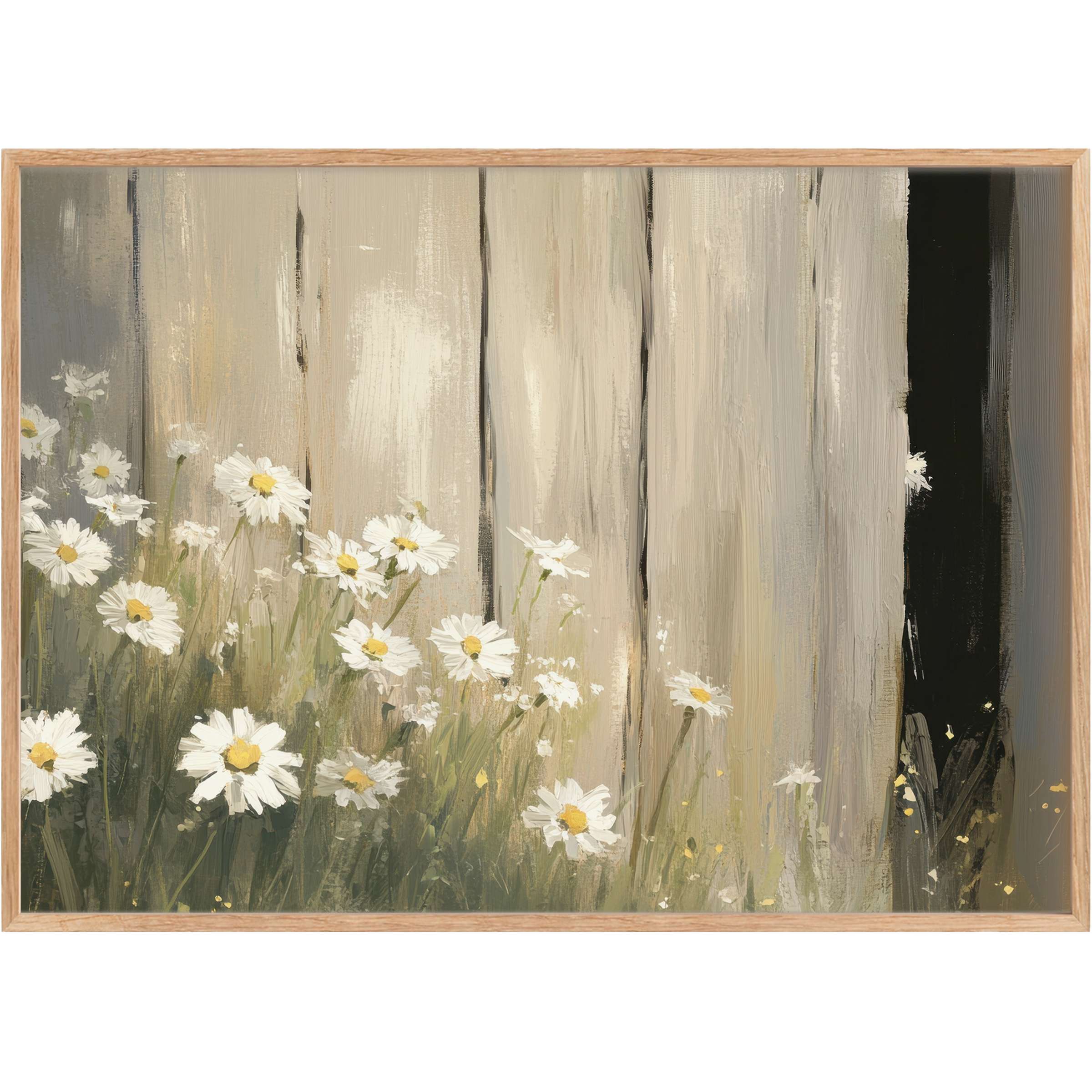 Soft white daisies bloom vibrantly against muted gray wood, infusing farmhouse printable wall art with serene, natural warmth