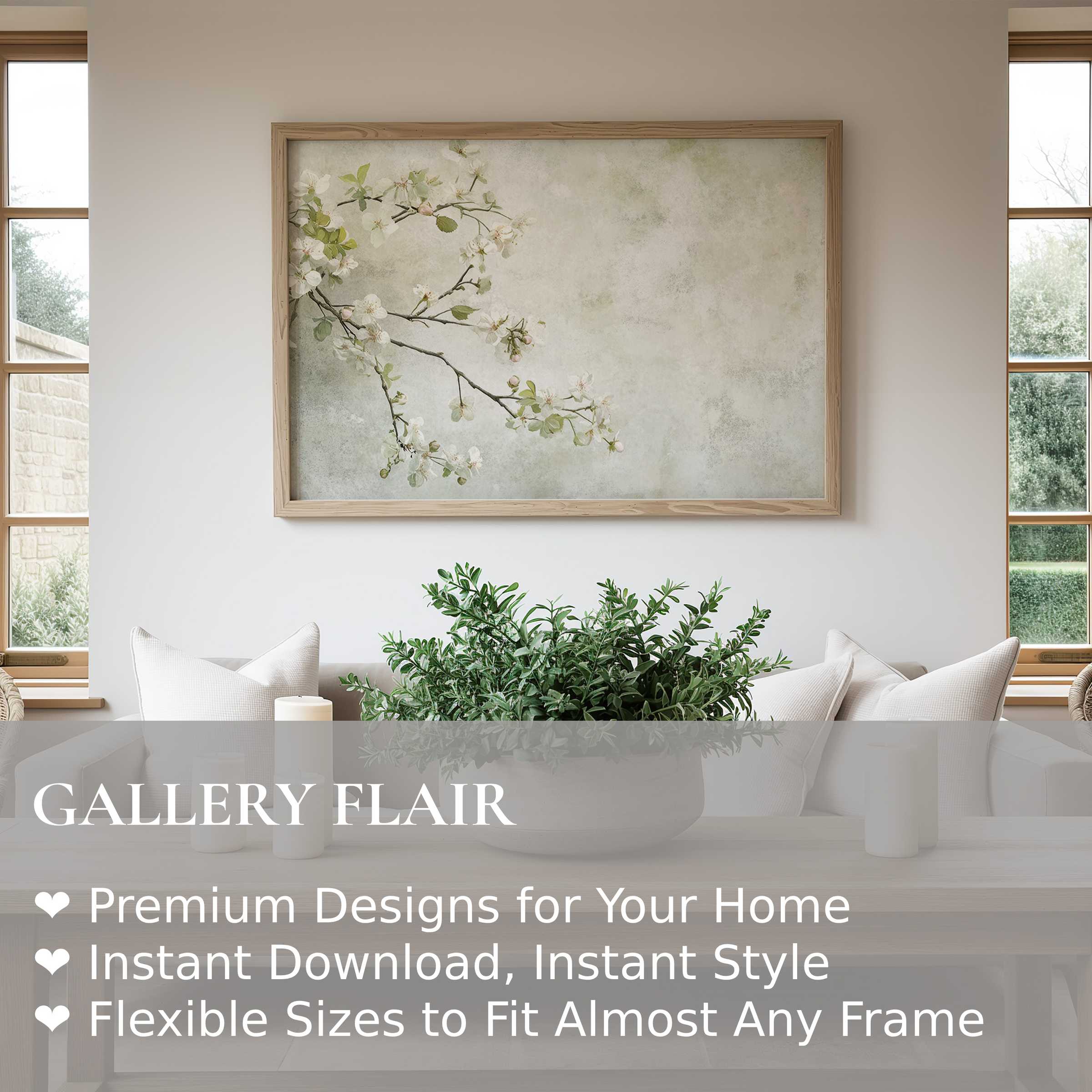Serene floral wall art print featuring delicate white blossoms on soft green, enhancing calm, minimalist modern interiors with natural elegance