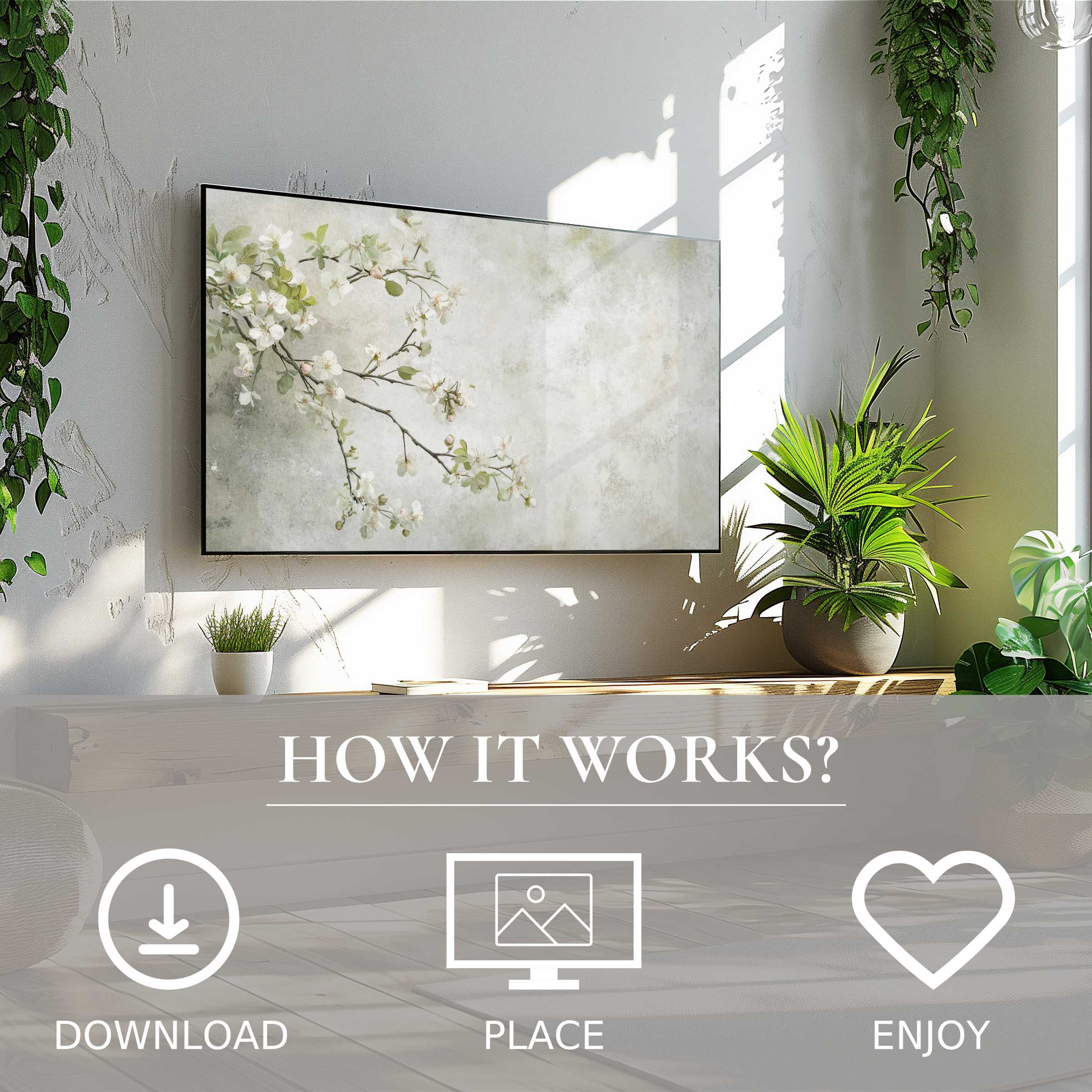 Floral art for Samsung TV shows soft, delicate blossoms; easy digital download adds calm elegance to modern living spaces