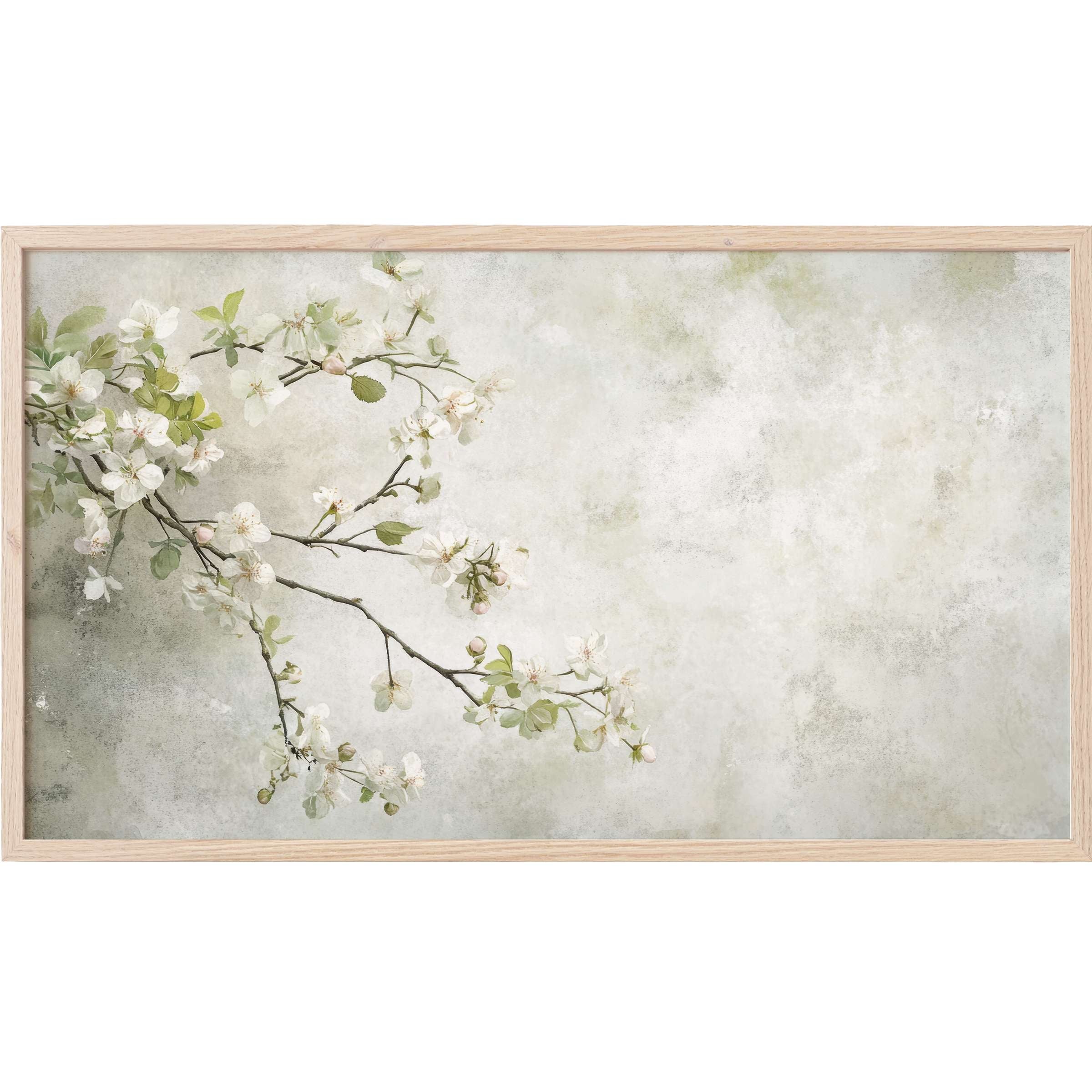 Floral Frame TV Art with delicate white blossoms on soft green branches against a muted, textured background