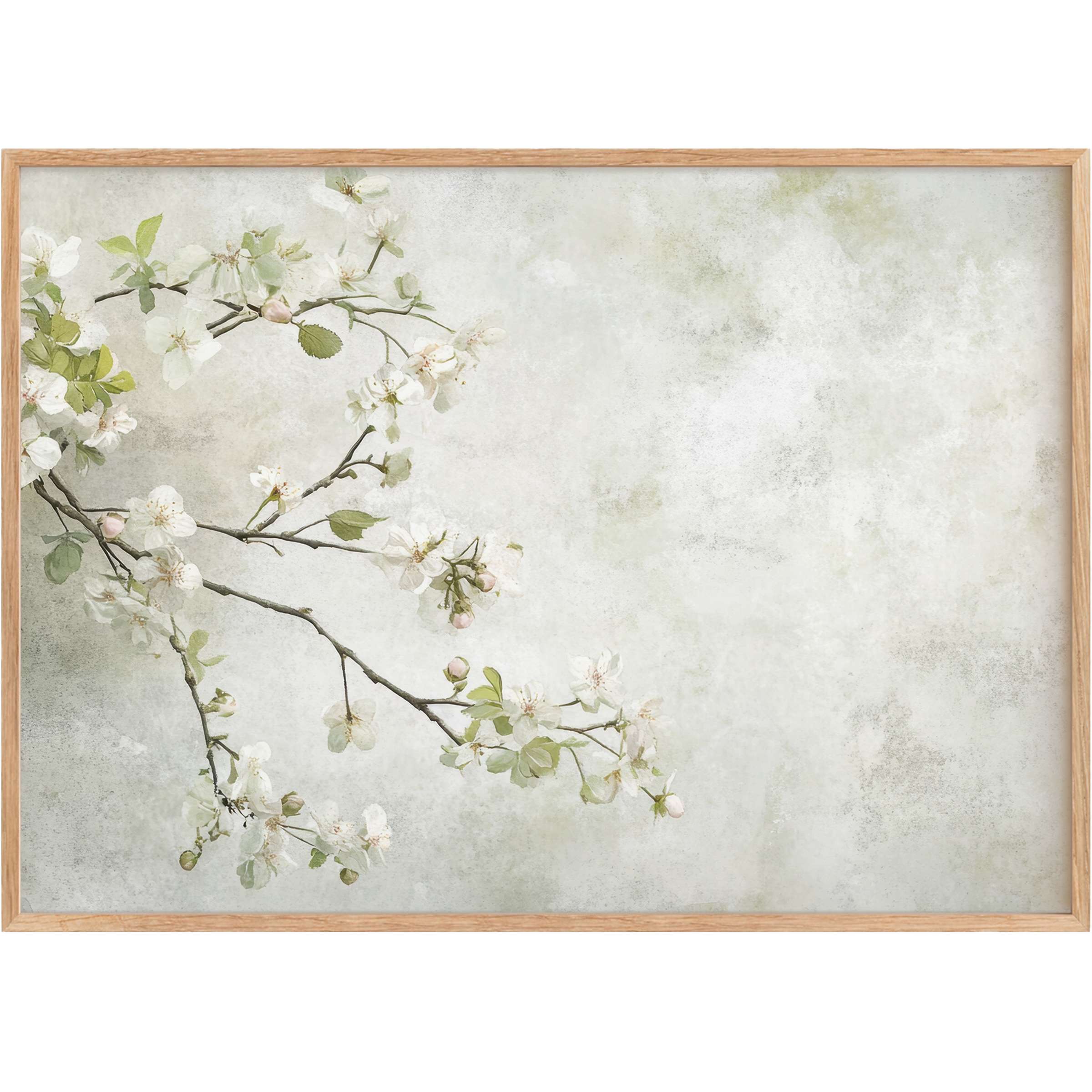 Delicate floral printable wall art with soft white blossoms and sage green leaves evokes serene elegance and timeless tranquility