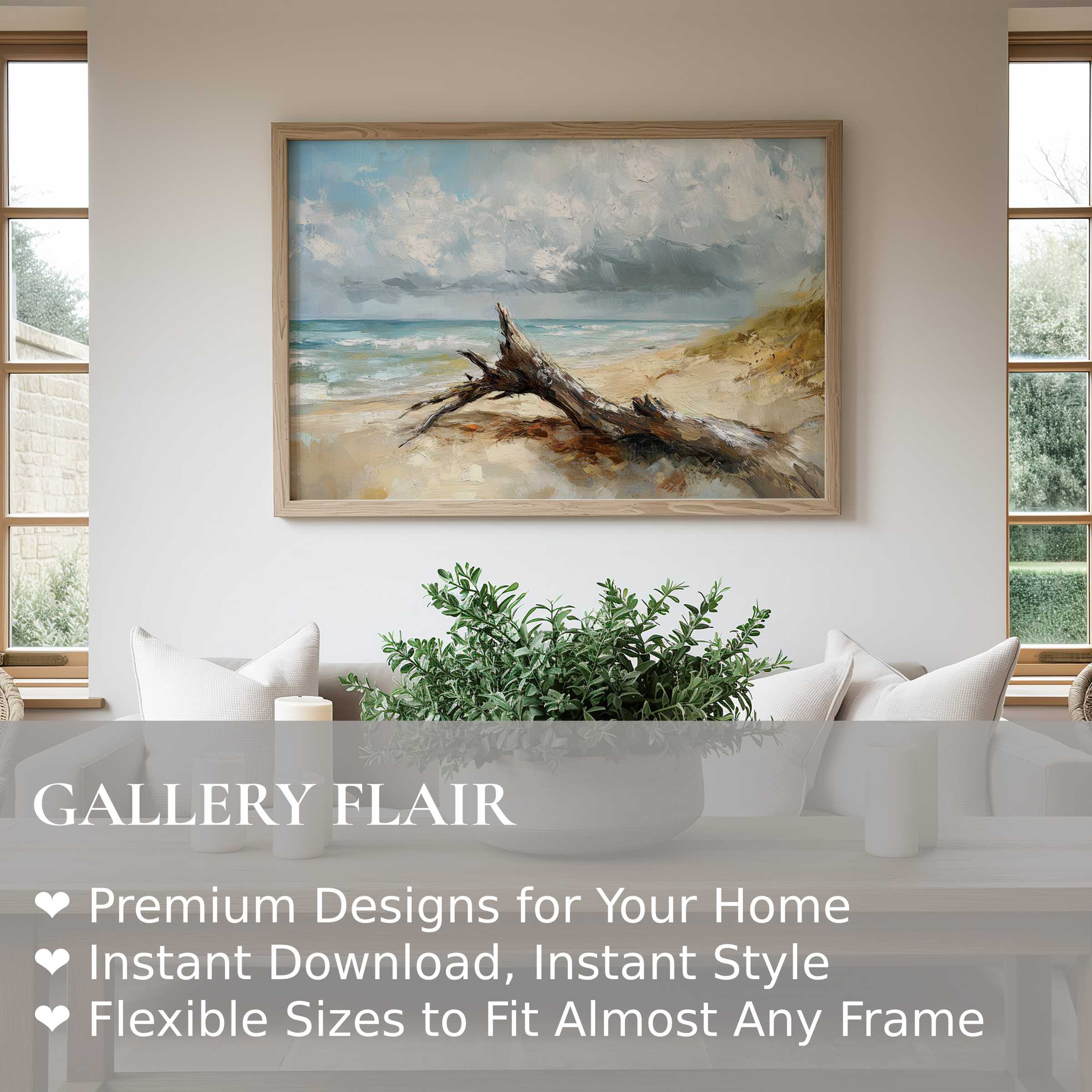 Calming beach wall art print featuring textured driftwood and serene seascape, elevating modern coastal interiors with tranquil charm
