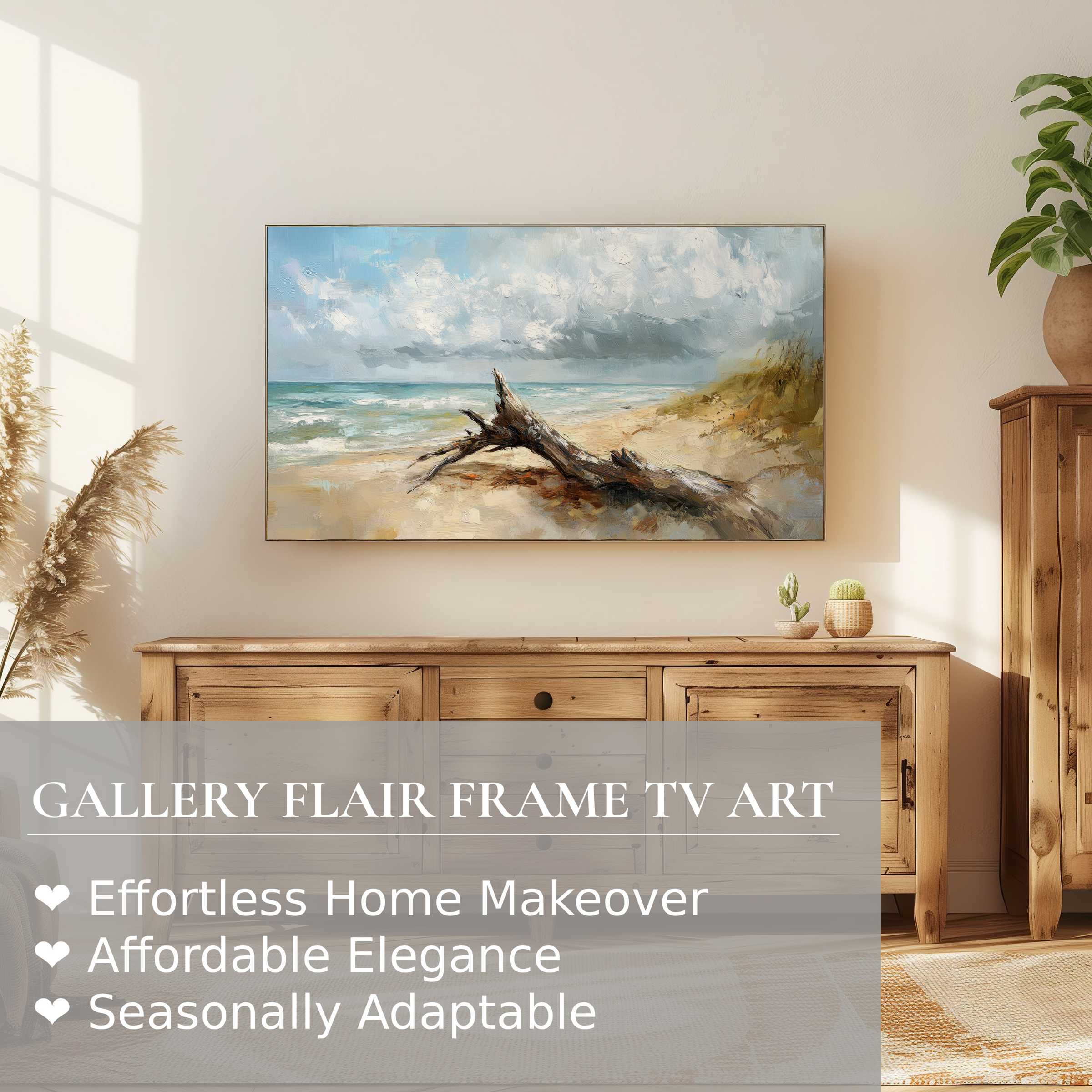 Samsung Frame TV displays serene beach digital artwork, blending modern elegance with calming coastal vibes