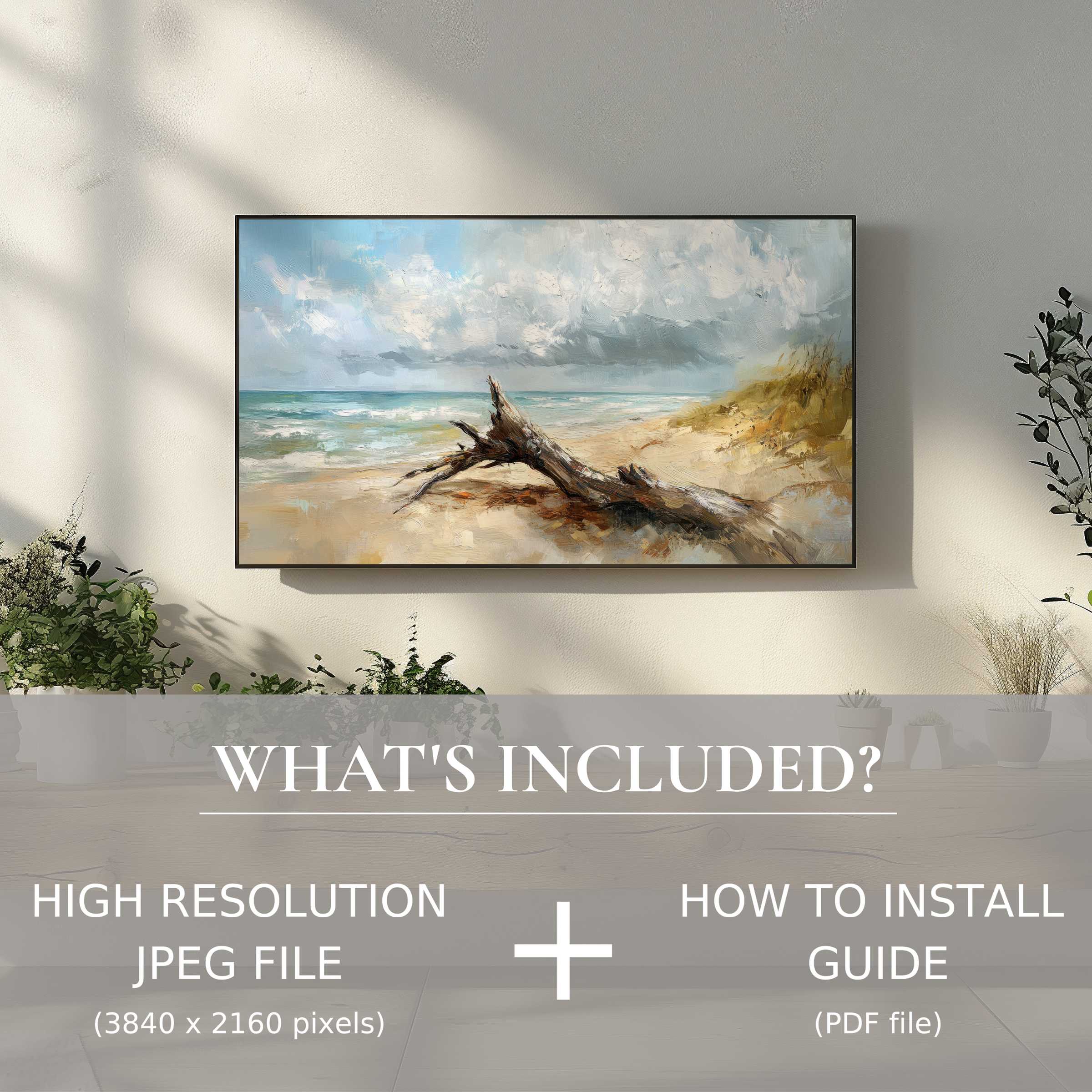 Elegant beach digital TV art download brightens stylish living spaces with easy, high-res digital use and refined coastal charm