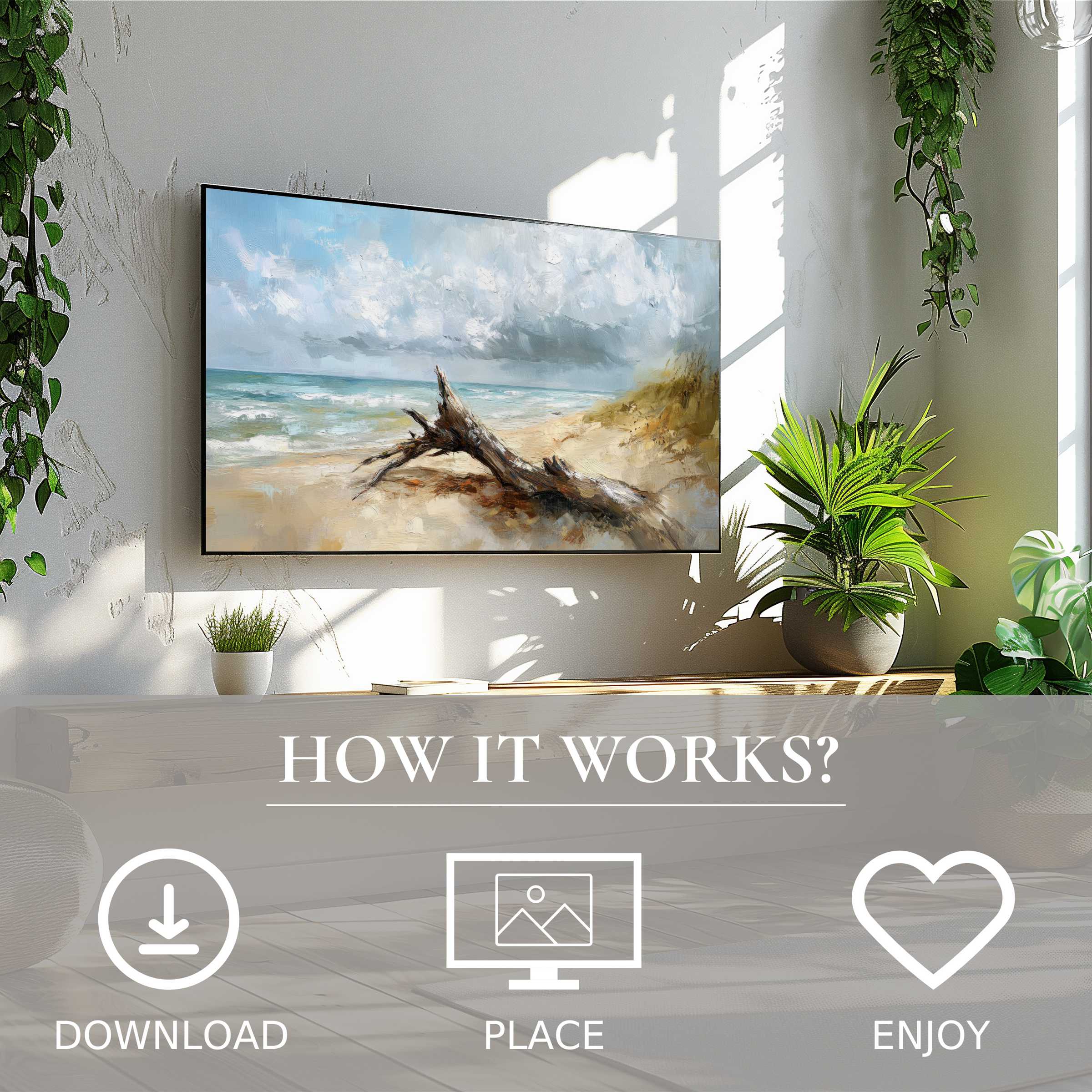 Modern living room with easy digital download beach art for Samsung TV, featuring soft ocean hues and driftwood motif