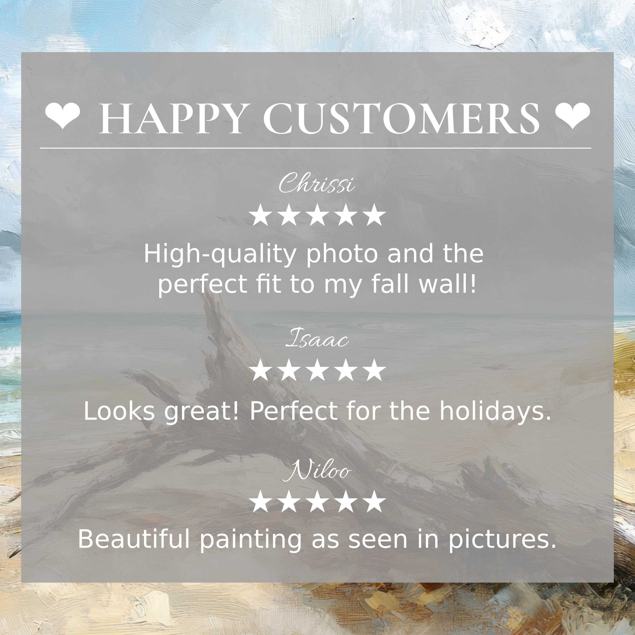 Beach art for Frame TV with abstract ocean hues, highlighting happy customer reviews and sophisticated design trust