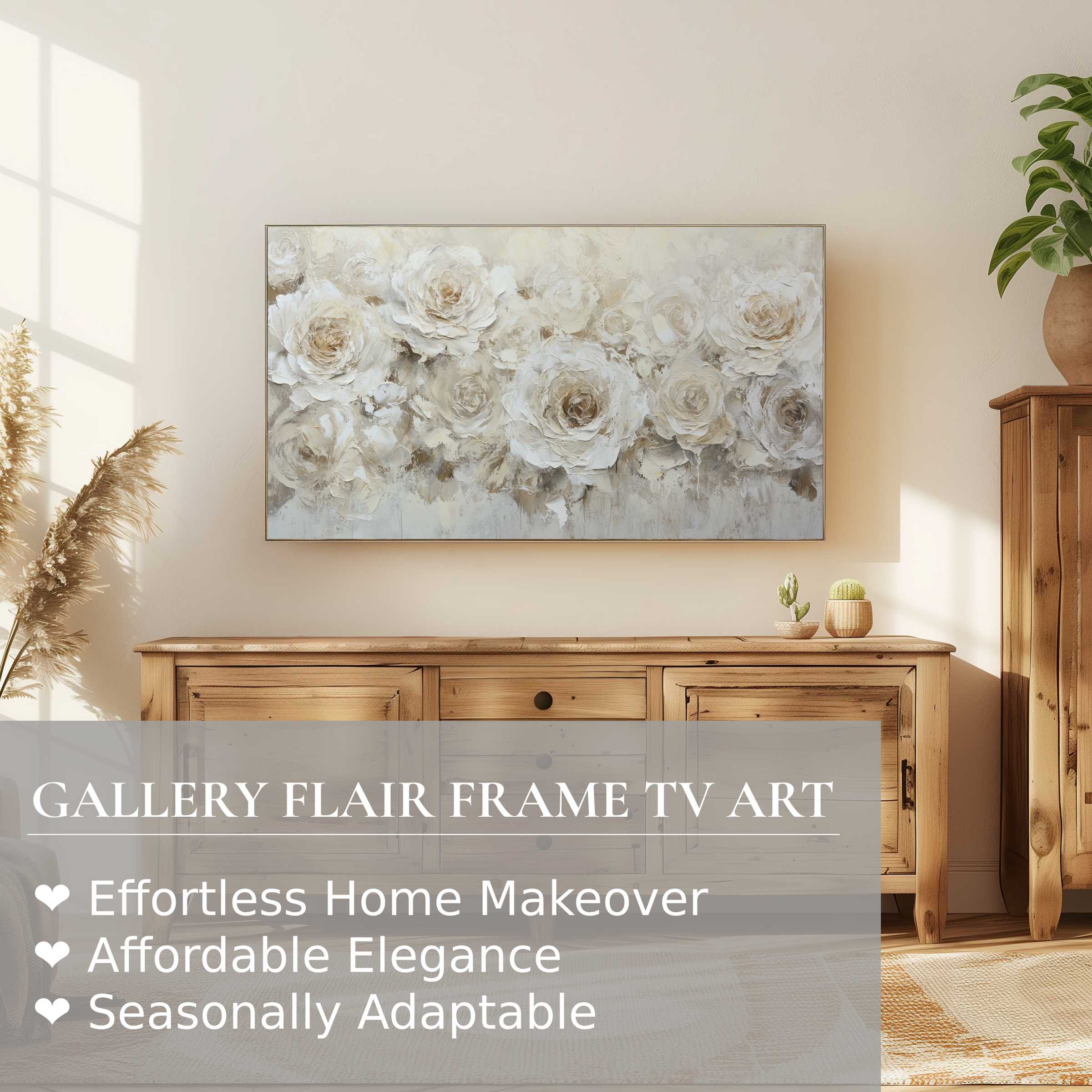 Samsung Frame TV displaying neutral digital artwork of soft white florals in a warm, elegant living space