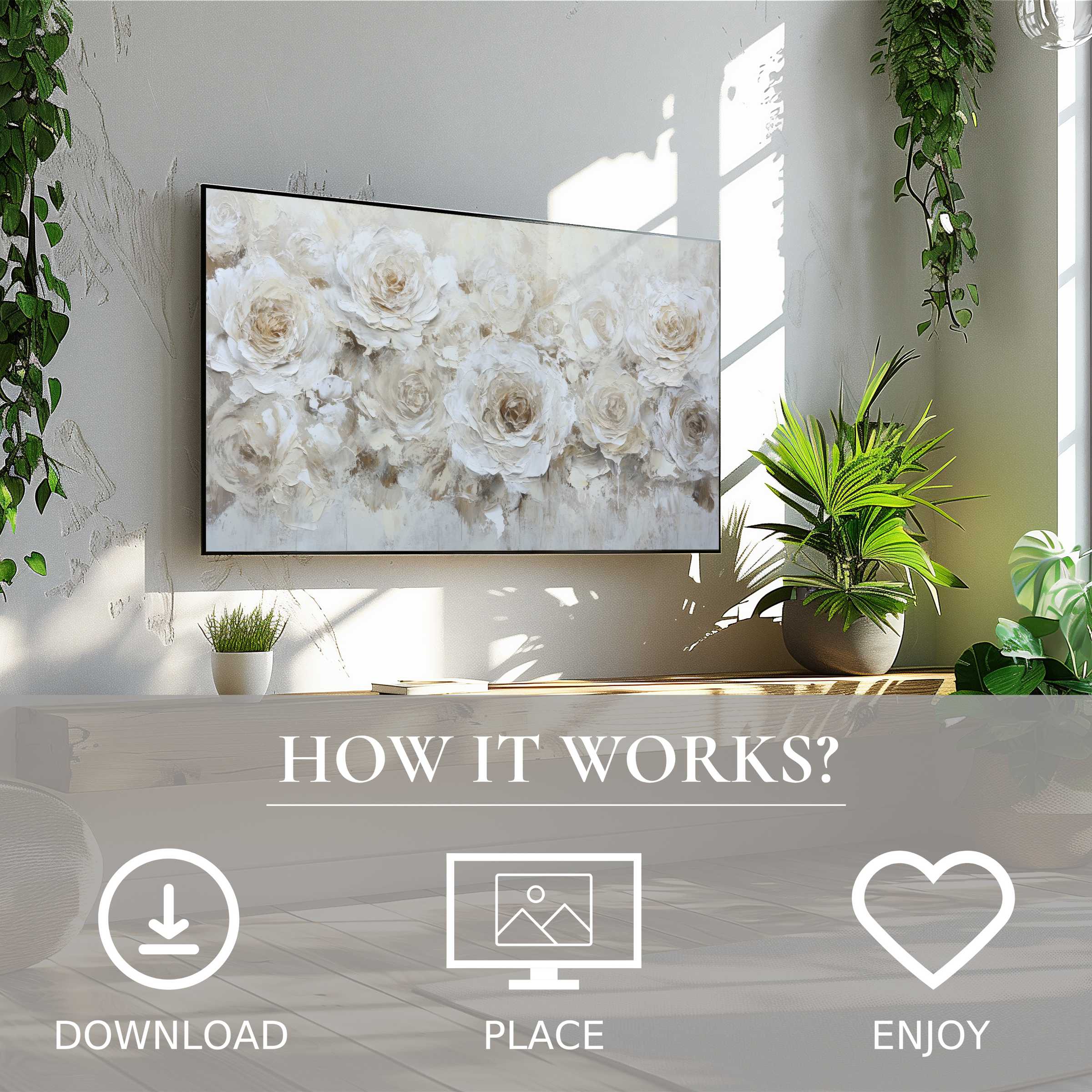 Modern living room with neutral art for Samsung TV; soft beige rose motif, easy digital download, enhances space