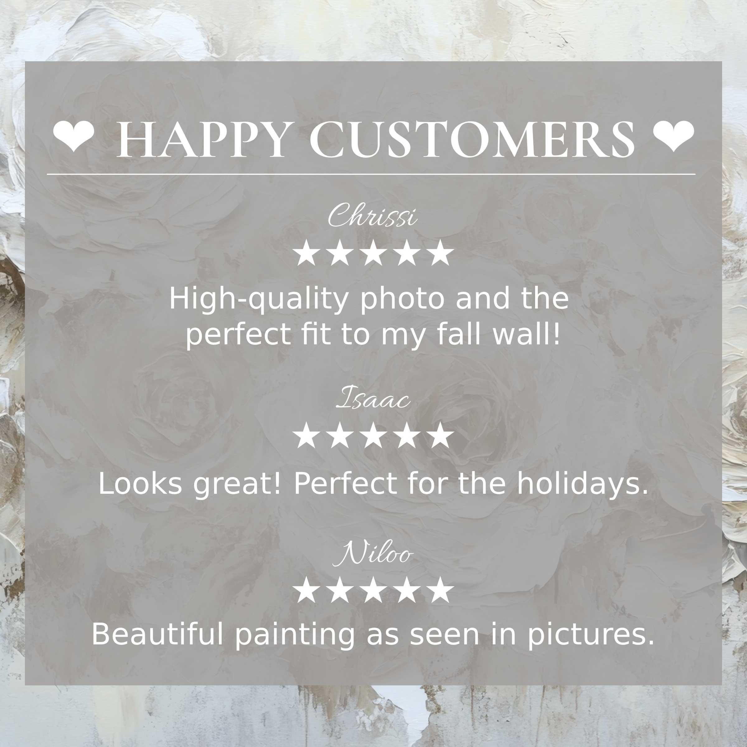 Neutral art for Frame TV with elegant abstract floral backdrop, showcasing happy customer reviews to build trust