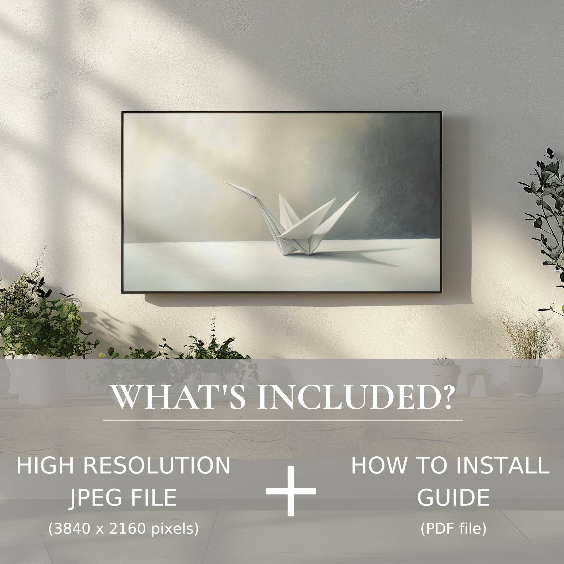Elegant minimalist digital TV art download featuring serene origami, easily enhancing modern living spaces with digital ease