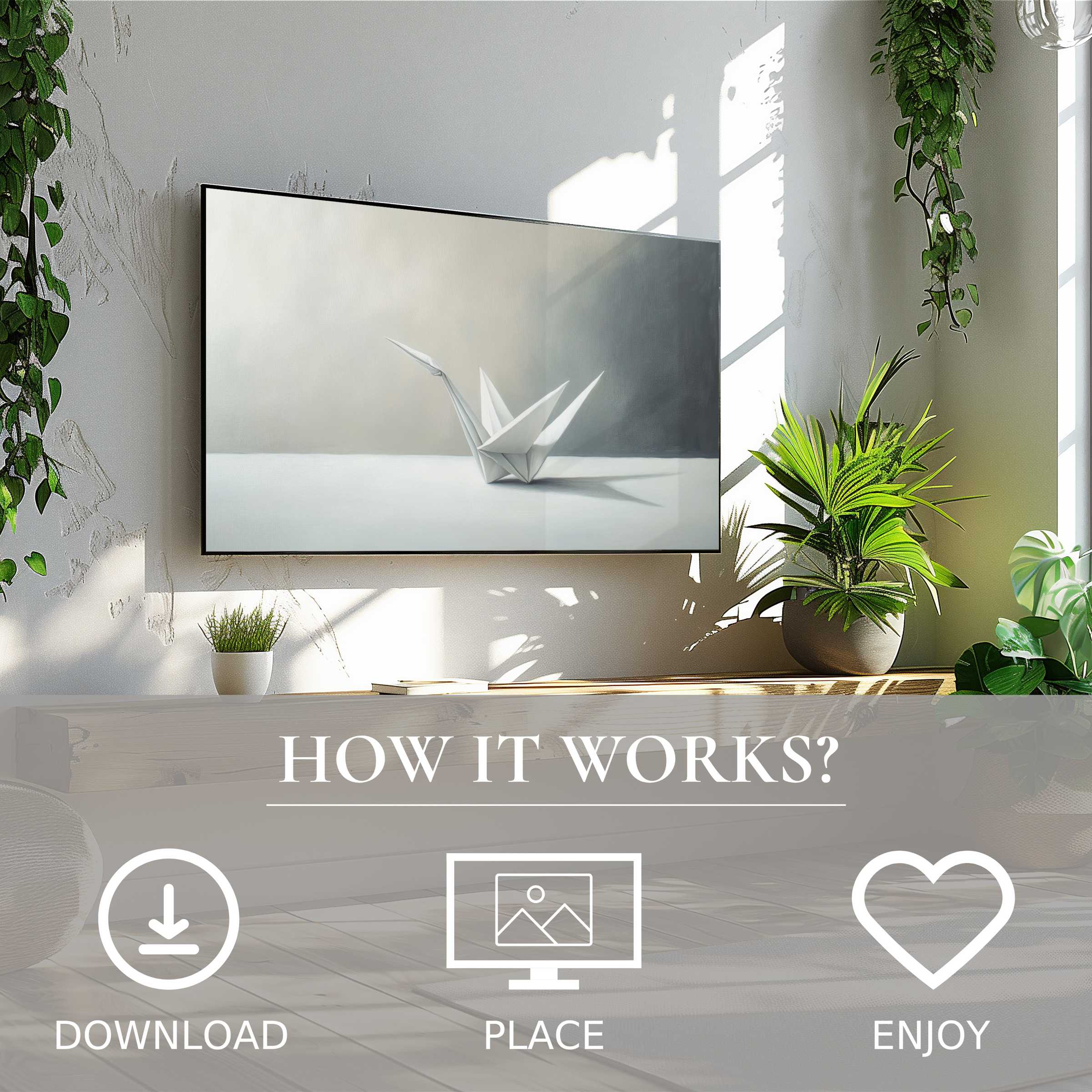 Minimalist art for Samsung TV: abstract origami crane in soft gray tones, easy digital download to enhance your space