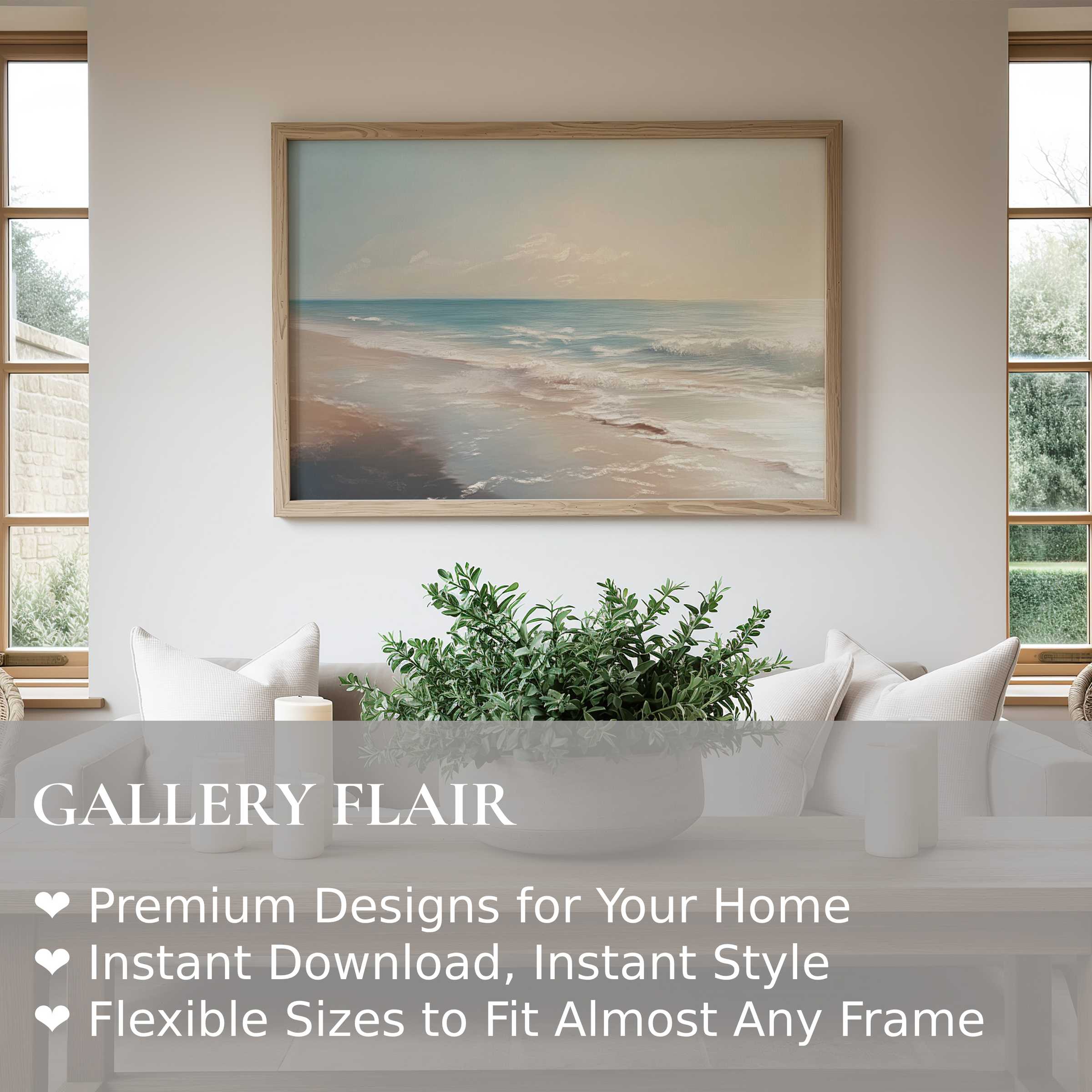 Serene landscape wall art print capturing soft ocean waves and sandy shore, elevating minimalist, coastal-inspired interiors with calming elegance