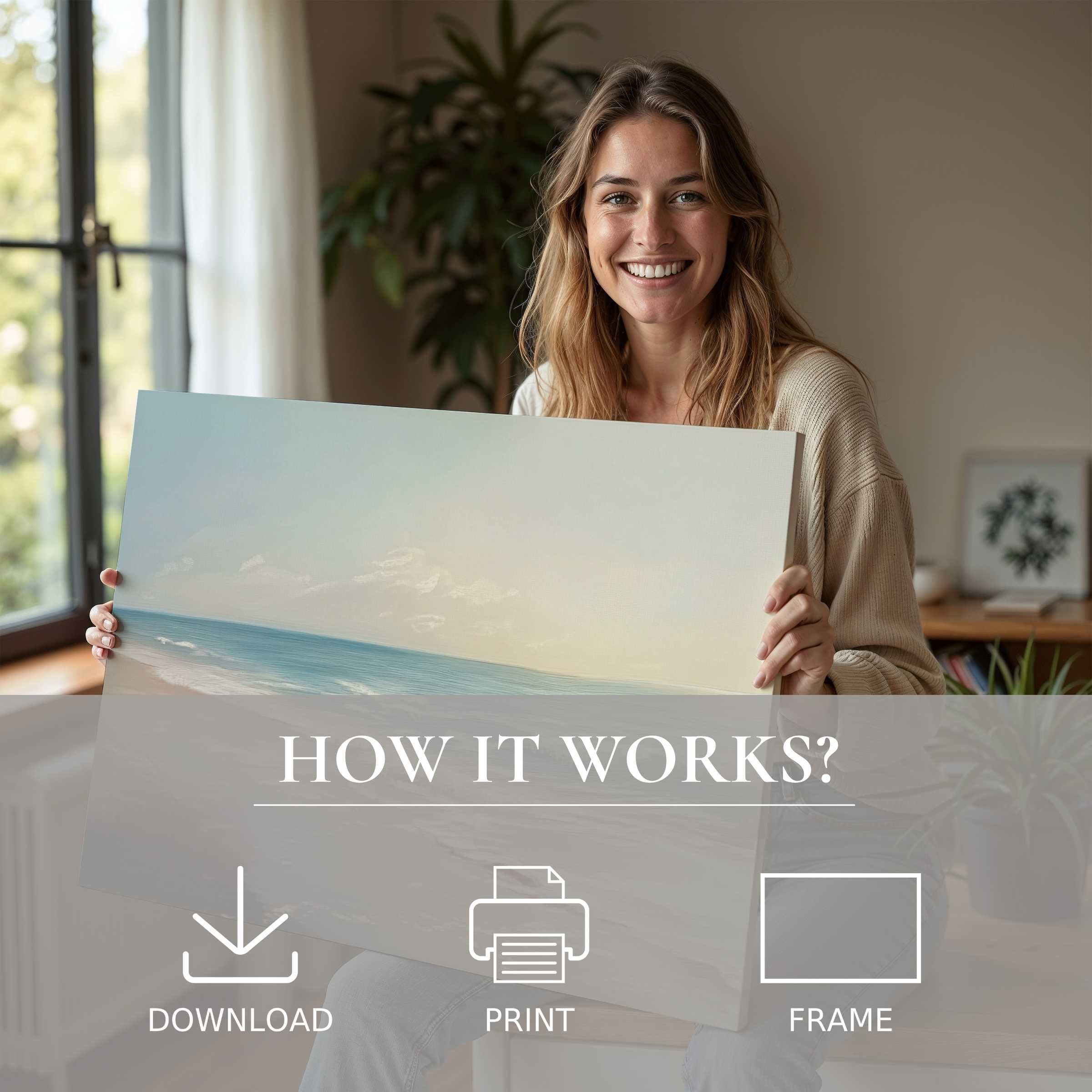 A landscape digital art print radiates calm in a sunlit modern home, embodying joy and effortless elegance