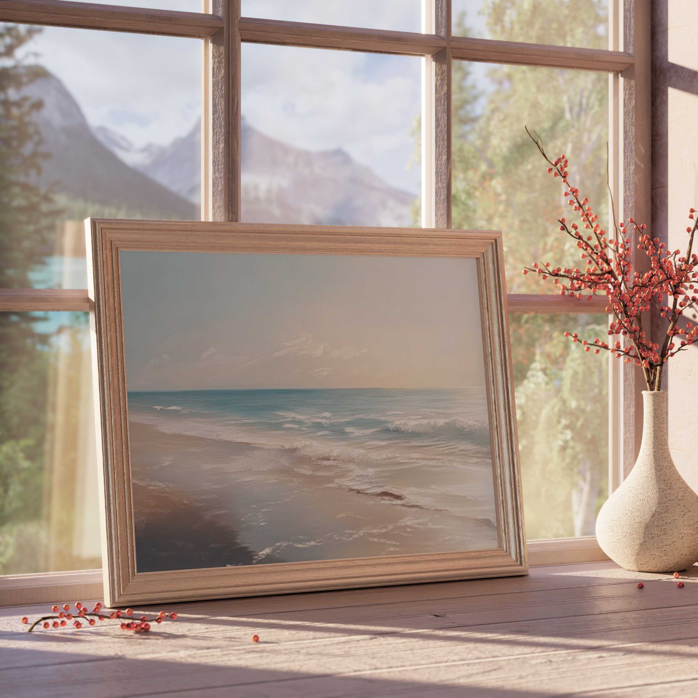Serene landscape downloadable art capturing gentle ocean waves and soft sands, perfect for elevating calm, curated interiors