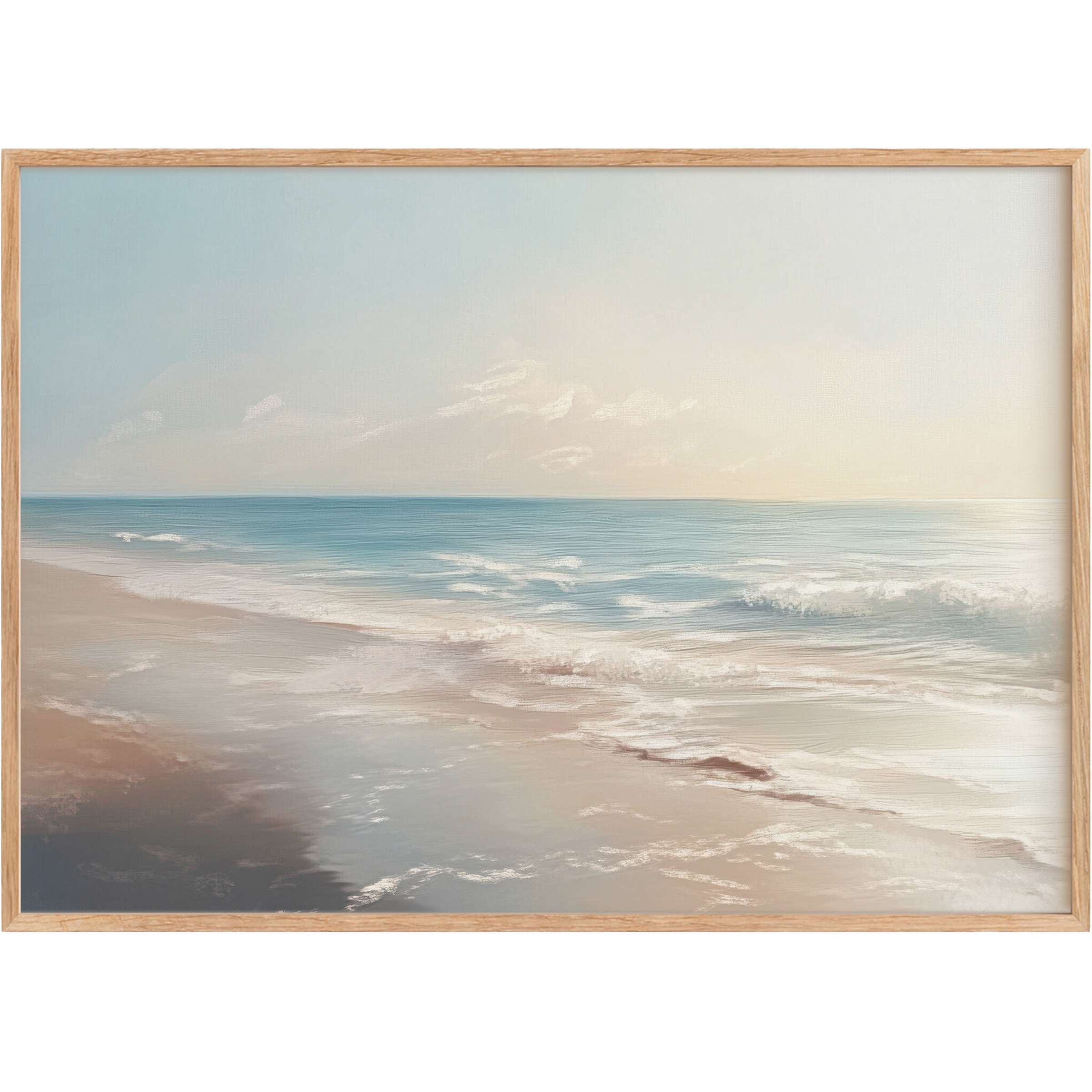 Serene landscape printable wall art capturing gentle ocean waves and soft sandy shores in calming blue and beige tones