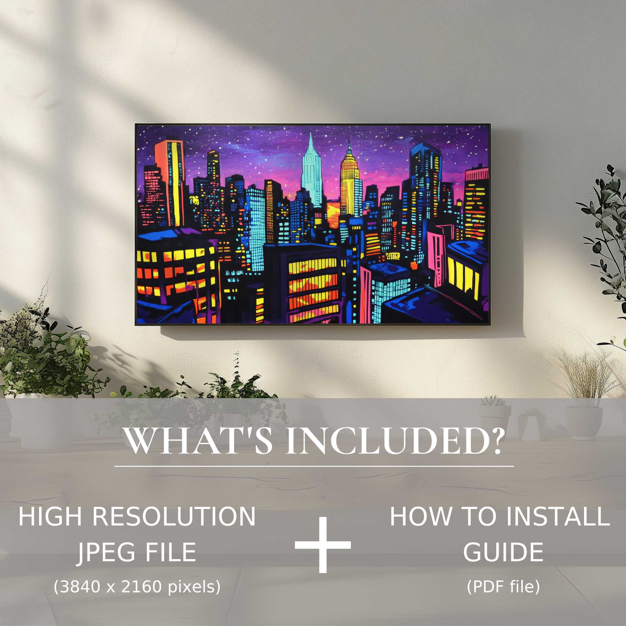 Modern living space with vibrant pop art digital TV art download, easy digital use enhances chic urban ambiance